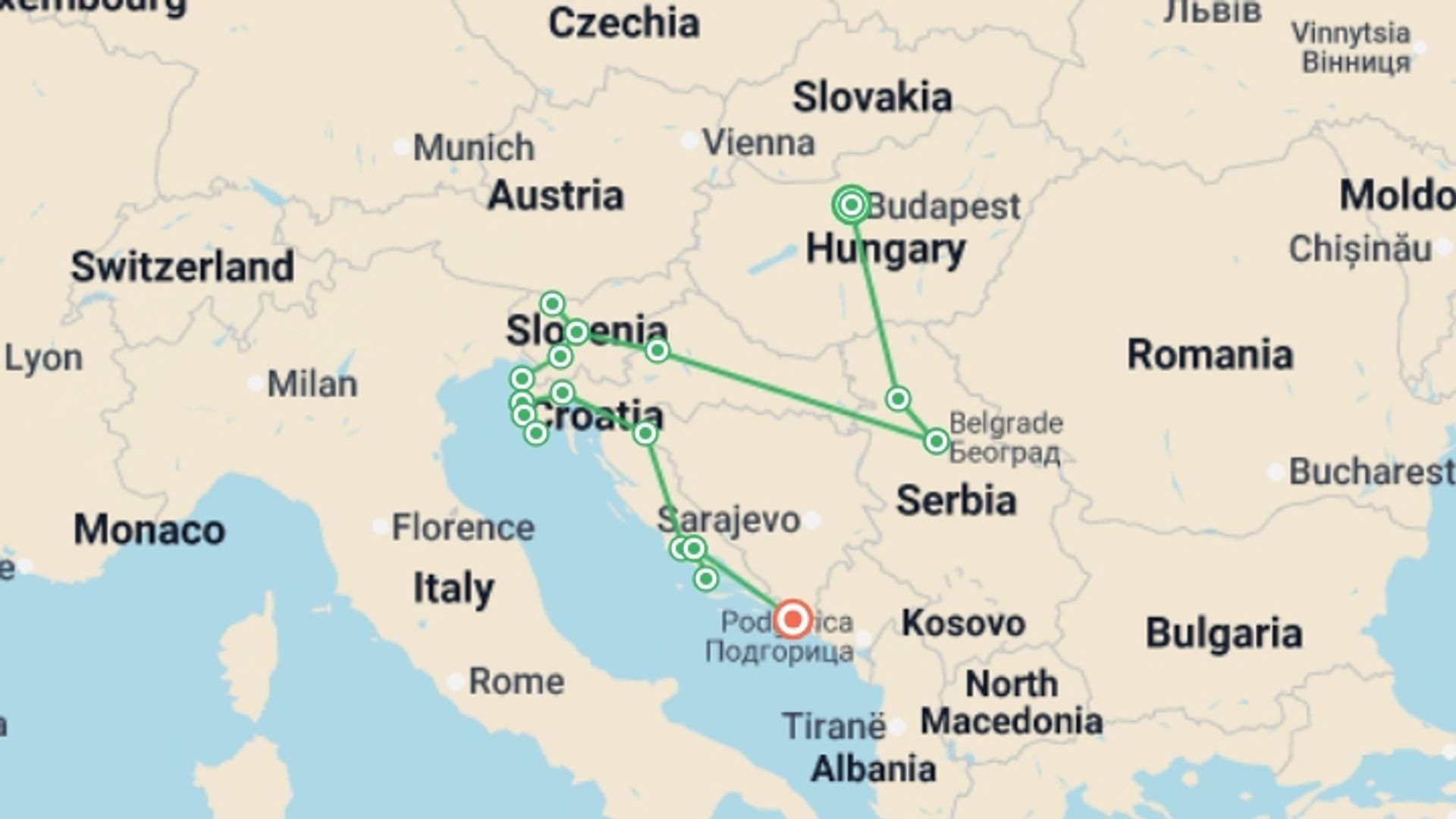 A map showing the tour itinerary for the trip: Budapest & Balkans - 15 days, starting in Budapest, Hungary and ending in Dubrovnik, Croatia going through 6 other destinations.
