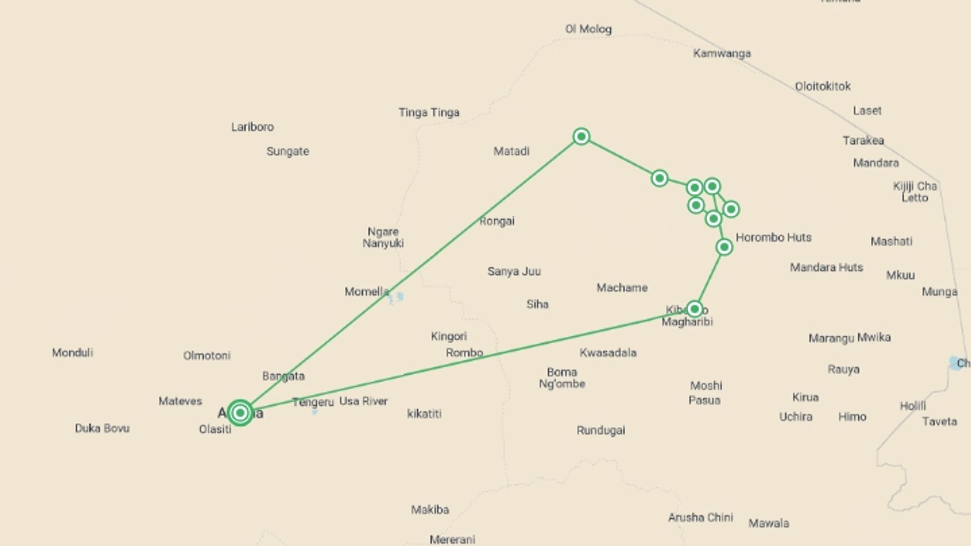 A map showing the tour itinerary for the trip: 7 Days Kilimanjaro Climb via Lemosho Route, starting in Arusha, Tanzania and ending in Arusha, Tanzania going through 8 other destinations.