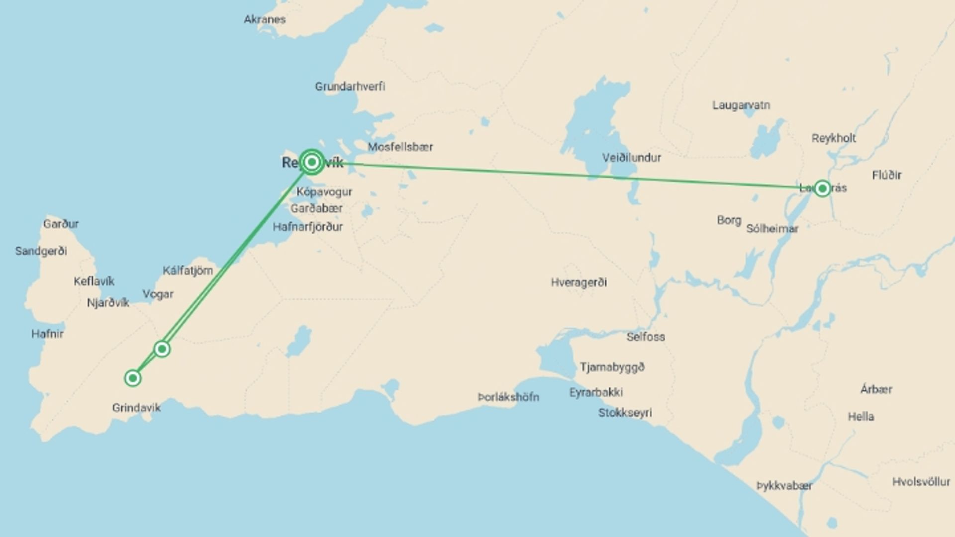 A map showing the tour itinerary for the trip: 2026 Solar Eclipse in Iceland, starting in Reykjavik, Iceland and ending in Reykjavik, Iceland going through 0 other destinations.