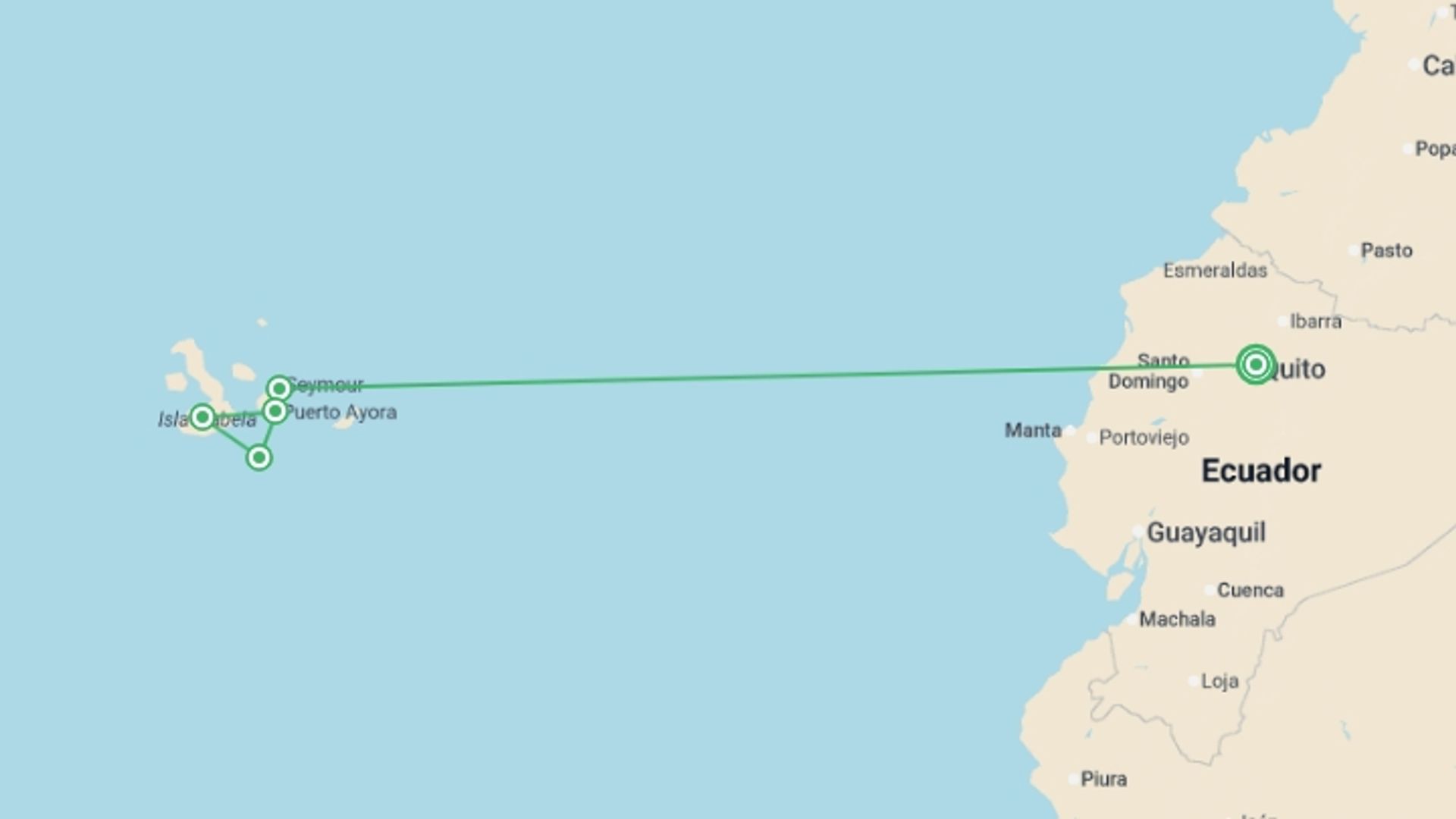 A map showing the tour itinerary for the trip: Galápagos Island Hopping, starting in Quito, Ecuador and ending in Quito, Ecuador going through 3 other destinations.