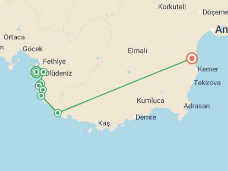 Map itinerary of Europe Tour in Fall with 9 destination visits for the trip: Lycian Way West