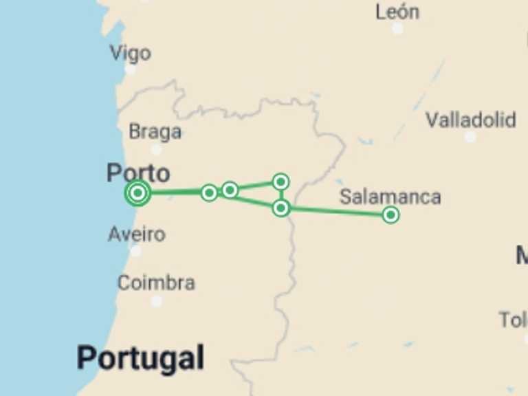 Map of Porto Cruise Tour with 6 destination visits for the trip: Family Club - From Portugal to Spain: Porto, the Douro Valley (Portugal) and Salamanca (Spain) (port-to-port cruise)