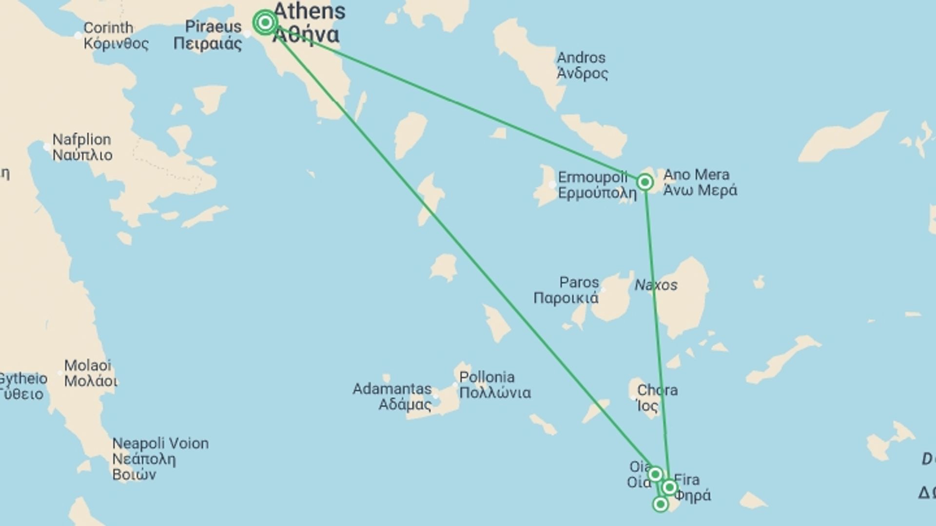 A map showing the tour itinerary for the trip: Greece Island Hopper featuring Athens, Mykonos and Santorini, starting in Athens, Greece and ending in Athens, Greece going through 2 other destinations.