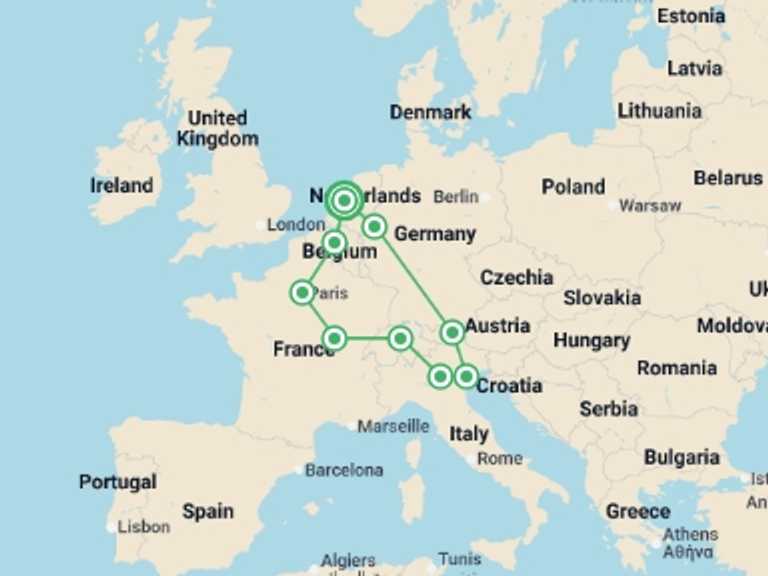 Map itinerary of Italy Tour in June 2026 with 8 destination visits for the trip: European Vistas