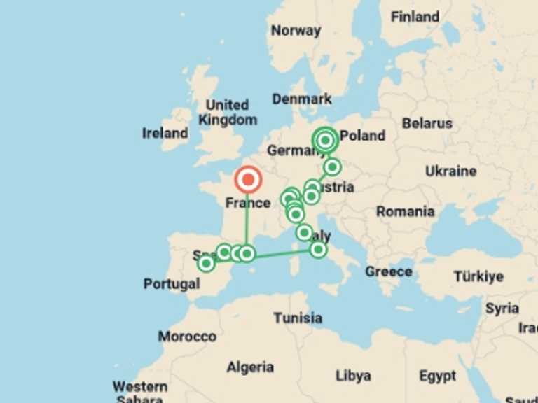 Map of France and Spain Tour with 9 destination visits for the trip: Europe: from North to South and Paris