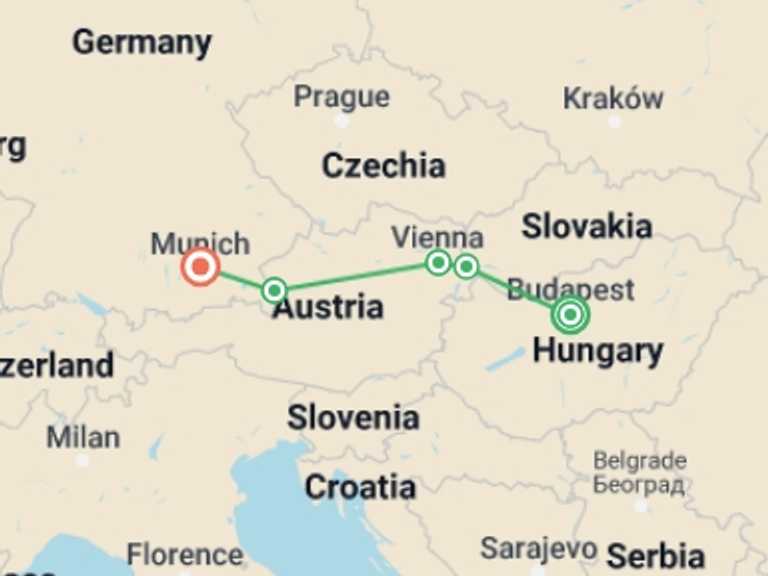 Map of Vienna Christmas markets Tour with 4 destination visits for the trip: Dreamy Christmas Markets: Budapest to Munich