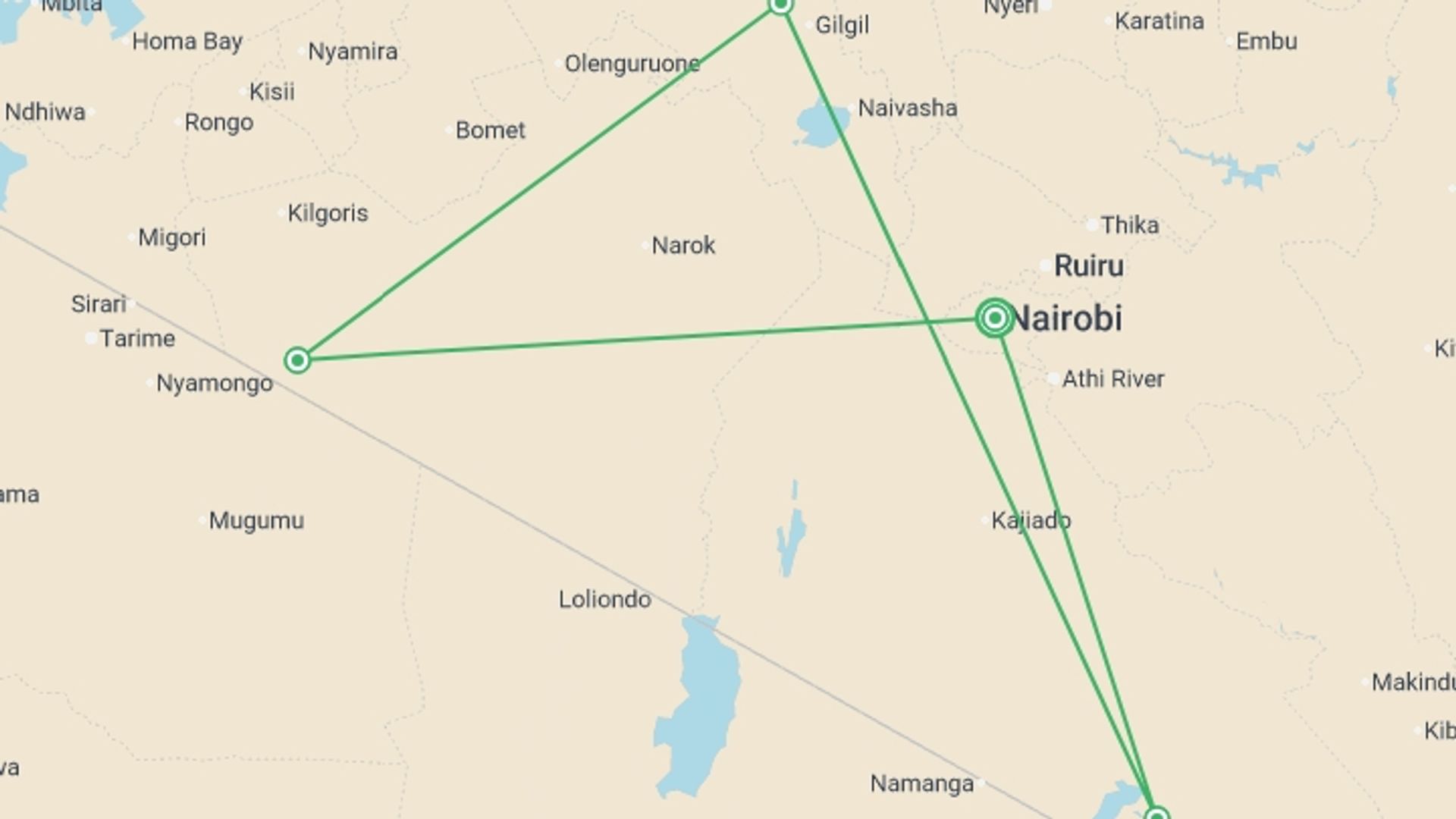 A map showing the tour itinerary for the trip: Highlights of Kenya, starting in Nairobi, Kenya and ending in Nairobi, Kenya going through 3 other destinations.