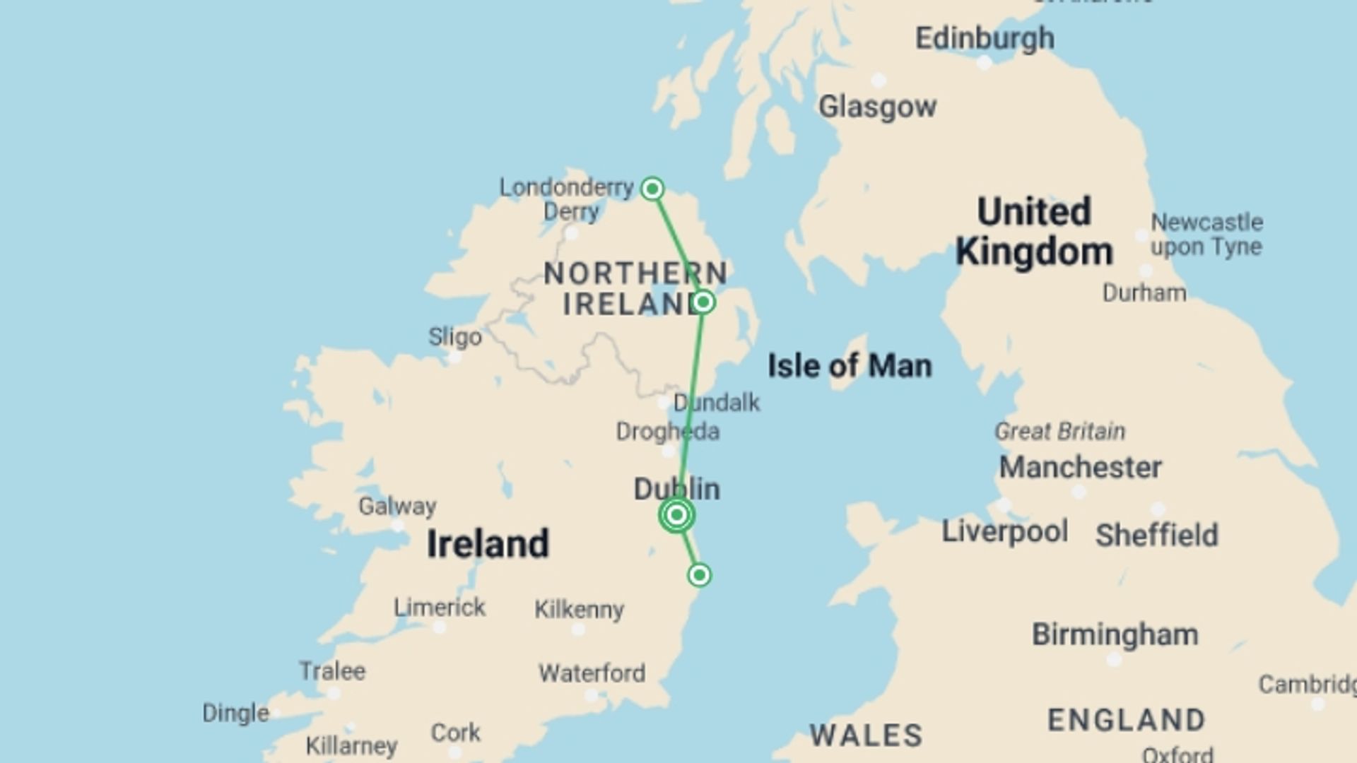 A map showing the tour itinerary for the trip: Ireland Express By Rail, starting in Dublin, Ireland and ending in Dublin, Ireland going through 1 other destinations.