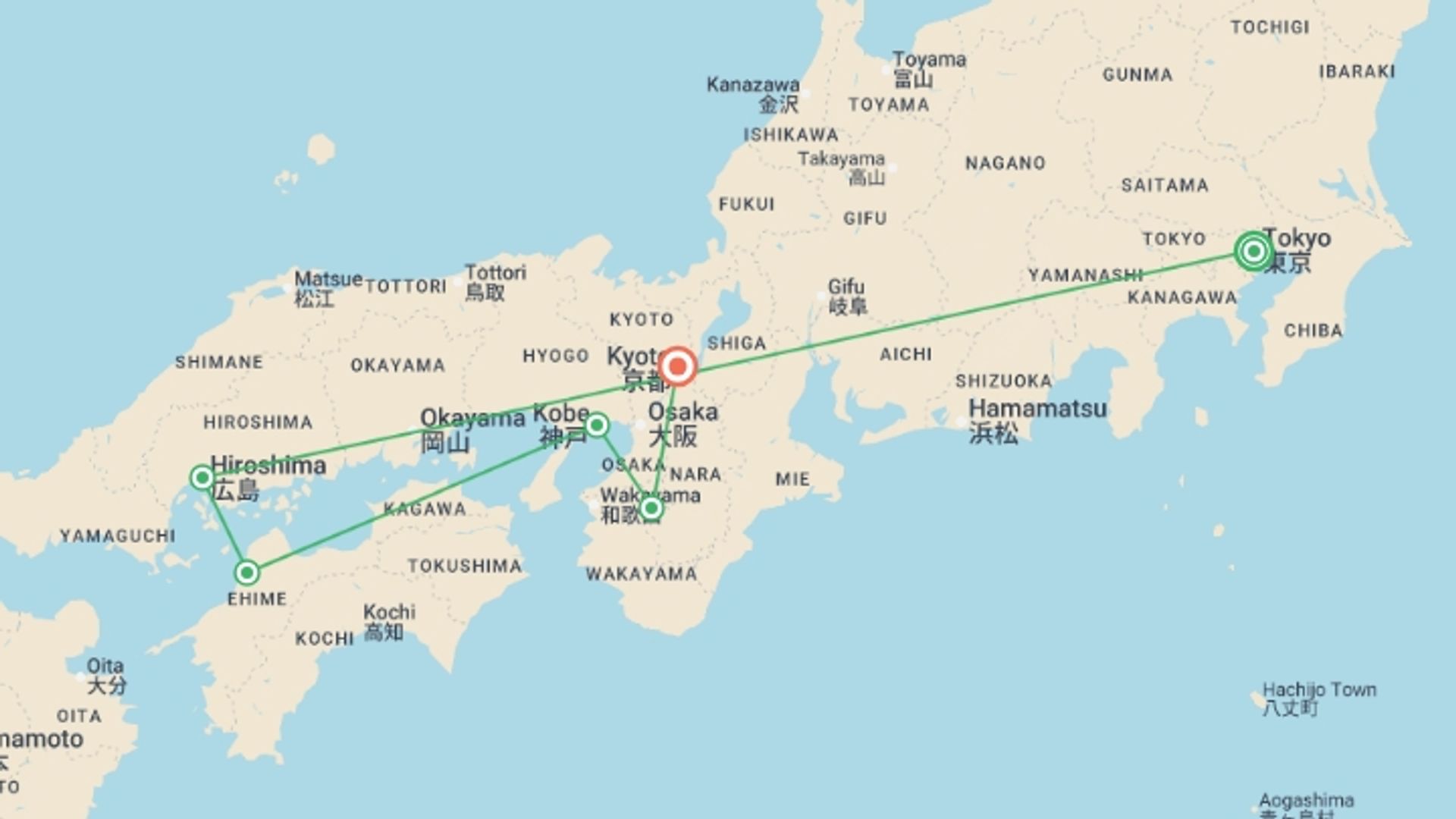 A map showing the tour itinerary for the trip: Capitals of Japan end Kyoto, starting in Tokyo, Japan and ending in Kyoto, Japan going through 5 other destinations.