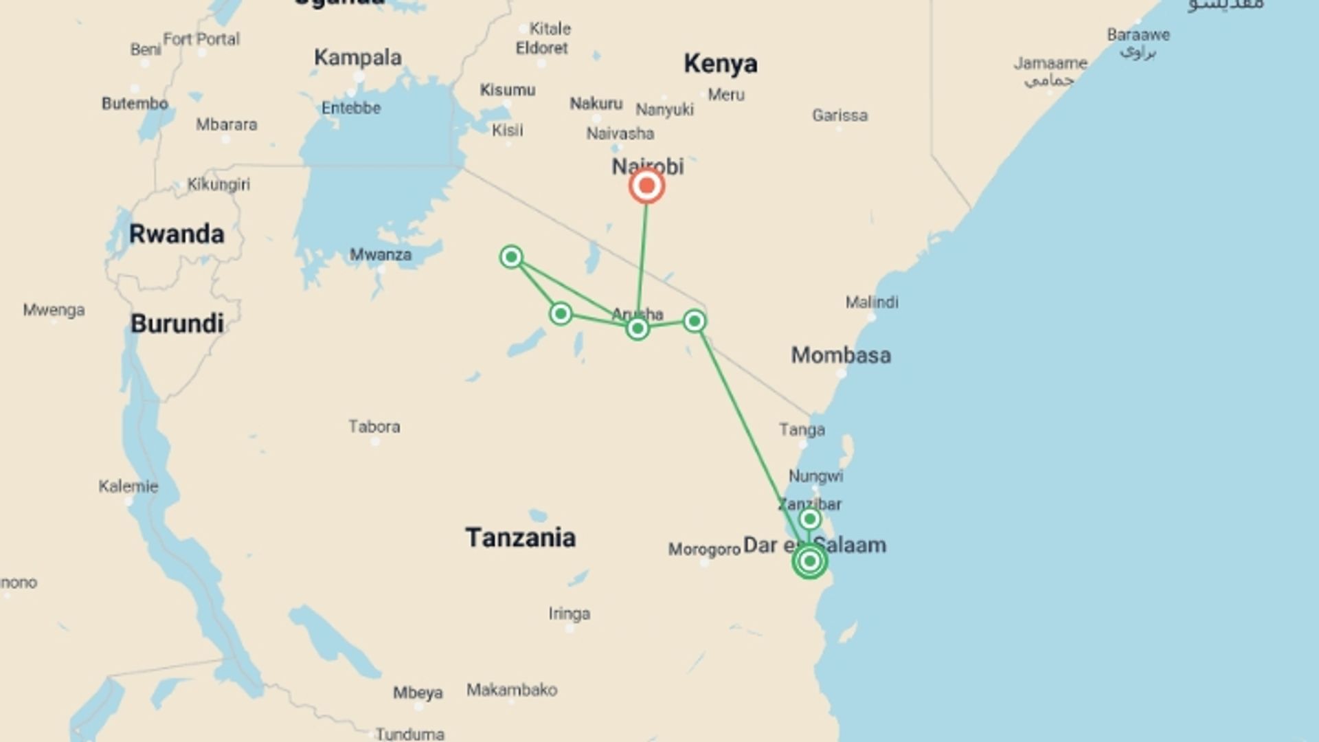 A map showing the tour itinerary for the trip: 11-day Zanzibar to Serengeti Accommodated, starting in Dar Es Salaam, Tanzania and ending in Nairobi, Kenya going through 5 other destinations.