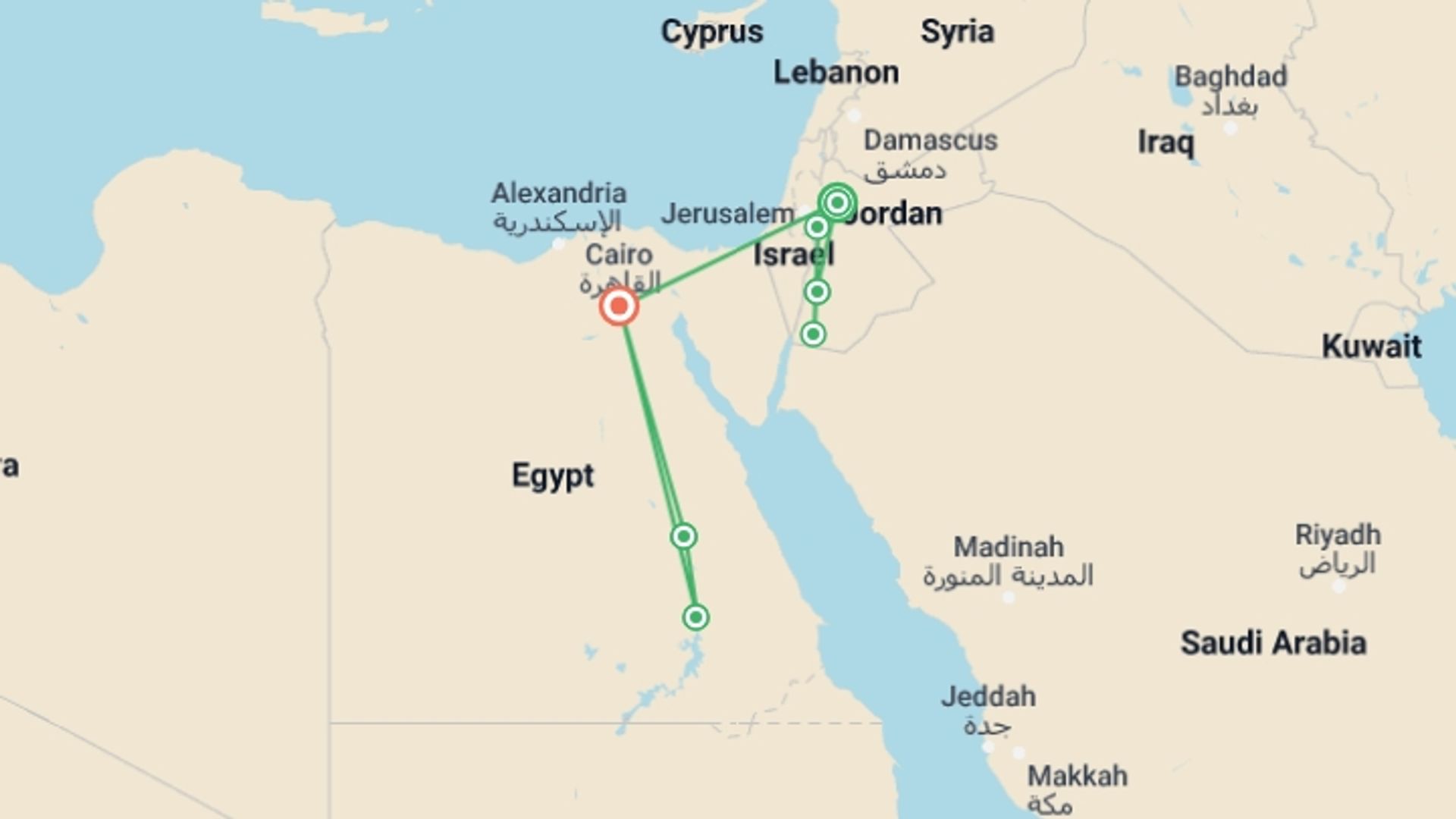 A map showing the tour itinerary for the trip: Journeys: Discover Jordan & Egypt, starting in Amman, Jordan and ending in Cairo, Egypt going through 5 other destinations.