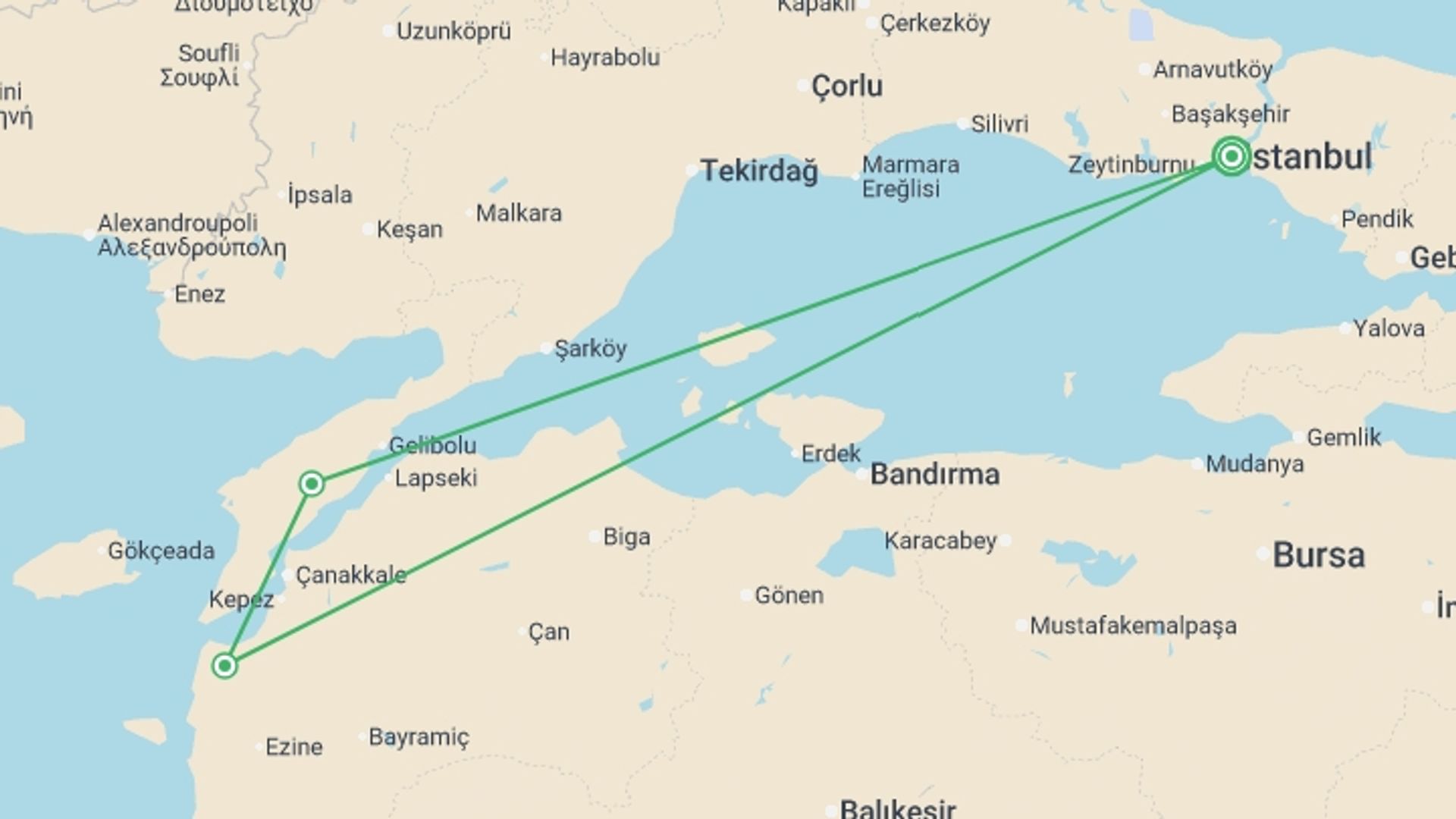 A map showing the tour itinerary for the trip: Gallipoli & Troy - 4 days, starting in Istanbul, Turkey and ending in Istanbul, Turkey going through 1 other destinations.