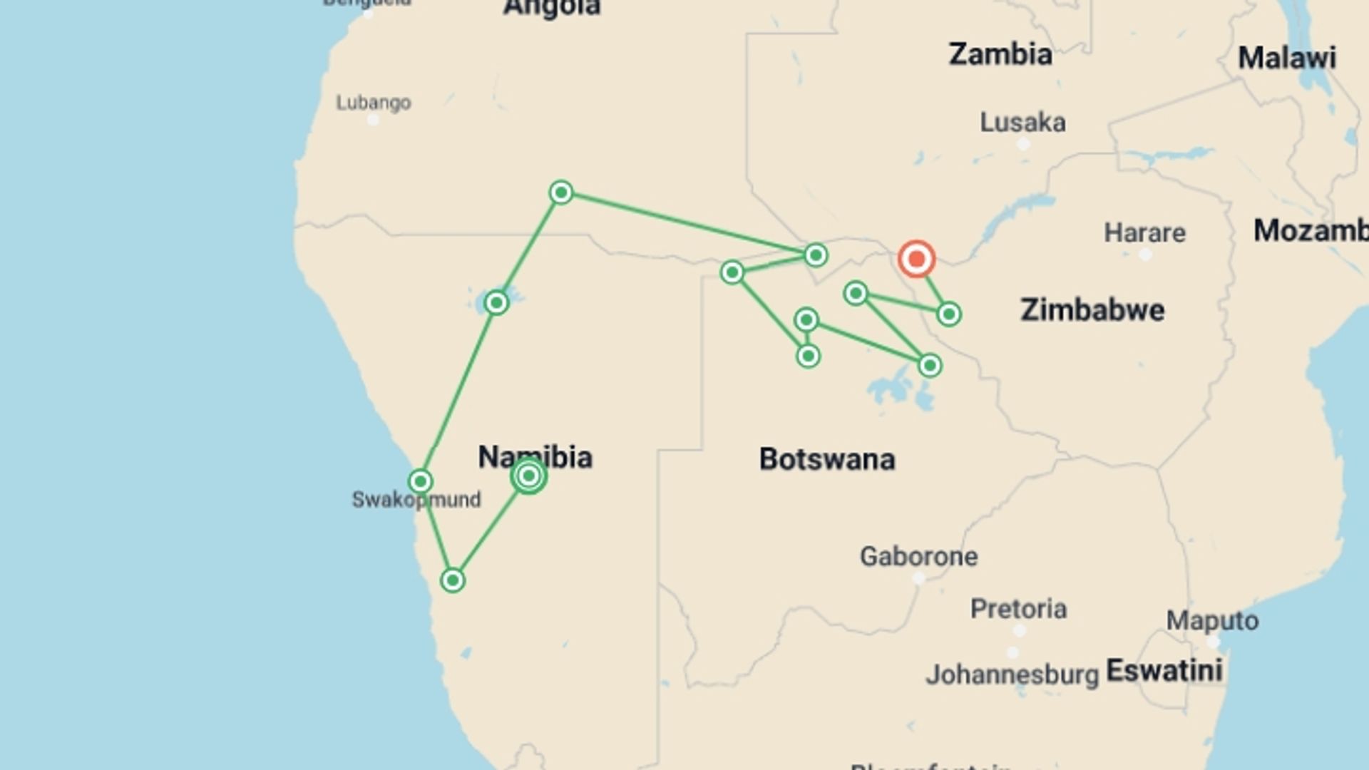 A map showing the tour itinerary for the trip: Highlights of Namibia, Botswana and Zimbabwe, starting in Windhoek, Namibia and ending in Victoria Falls, Zimbabwe going through 11 other destinations.