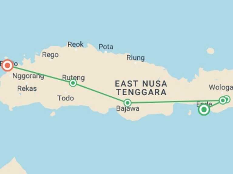 Map of Labuan Bajo Tour with 7 destination visits for the trip: Flores Overland Tour