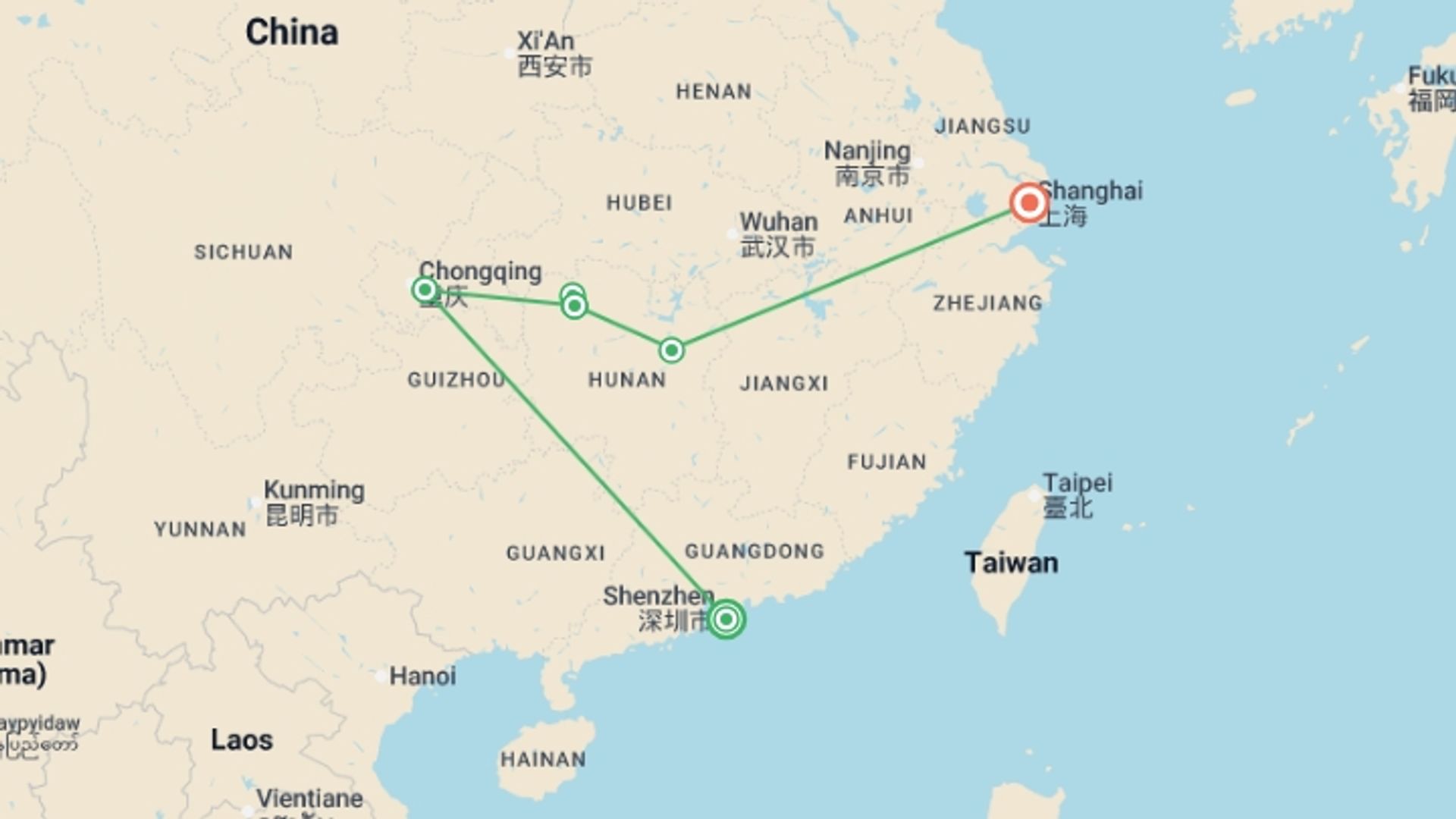A map showing the tour itinerary for the trip: Southern China Highlights: Hong Kong to Shanghai, starting in Hong Kong, Hong Kong and ending in Shanghai, China going through 3 other destinations.