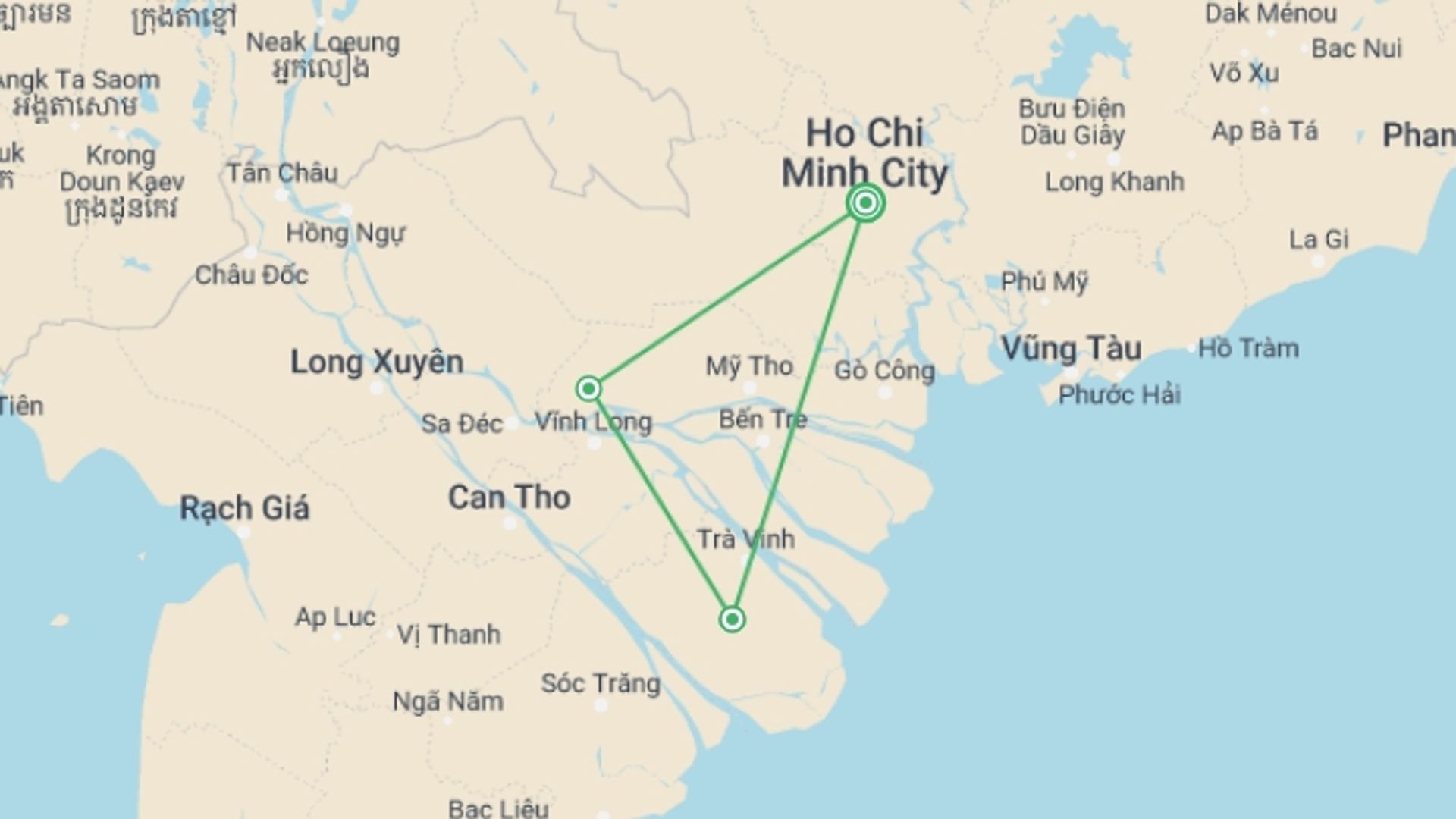 A map showing the tour itinerary for the trip: Meandering the Mekong Delta, starting in Ho Chi Minh City, Vietnam and ending in Ho Chi Minh City, Vietnam going through 2 other destinations.