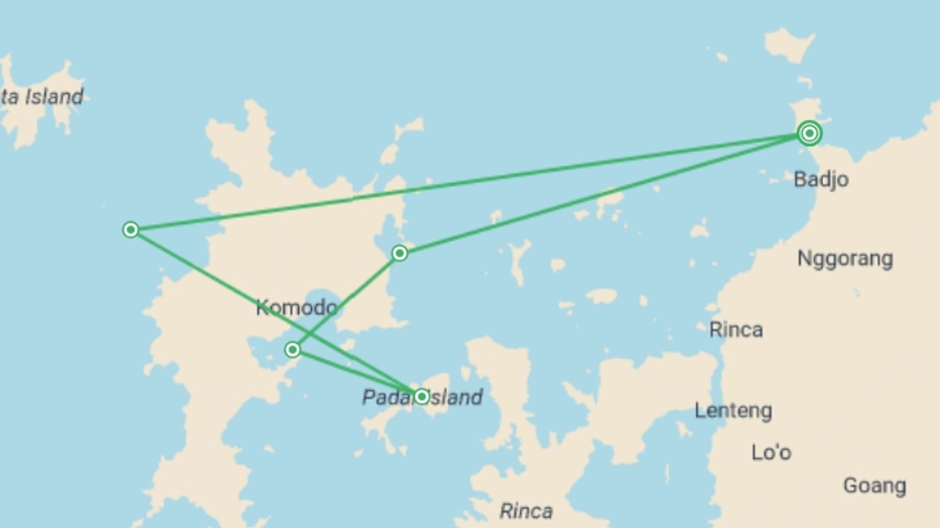 A map showing the tour itinerary for the trip: Komodo Liveaboard Tour (3 Days 2 Nights), starting in Labuan Bajo, Indonesia and ending in Labuan Bajo, Indonesia going through 3 other destinations.
