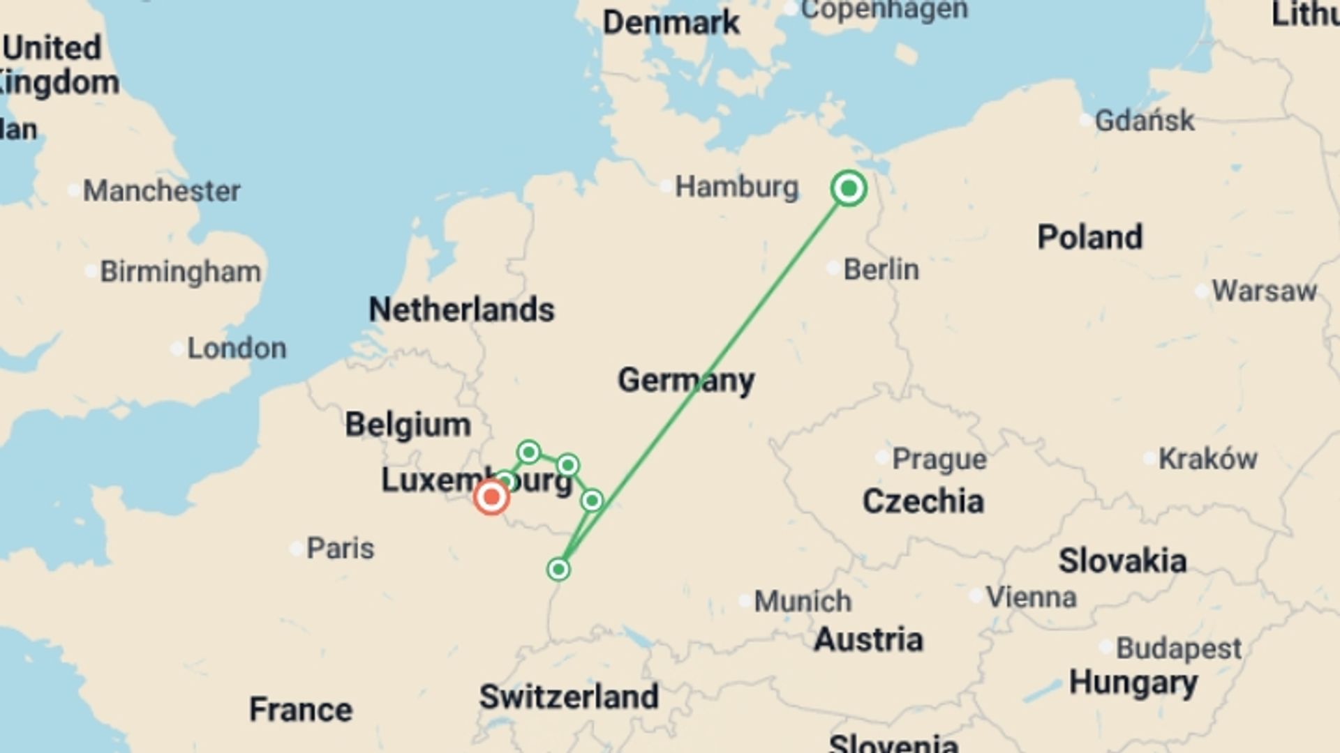 A map showing the tour itinerary for the trip: 4 Rivers: The Neckar, Romantic Rhine, Moselle, and Sarre Valleys, starting in Strasburg, Germany and ending in Remich, Luxembourg going through 3 other destinations.