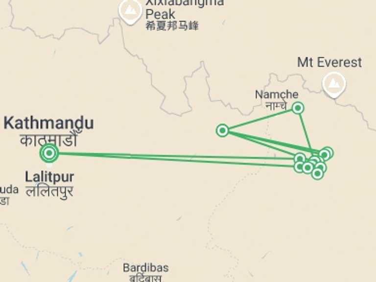Map of 20-Day Kathmandu Tour with 13 destination visits for the trip: Mera Peak Climbing