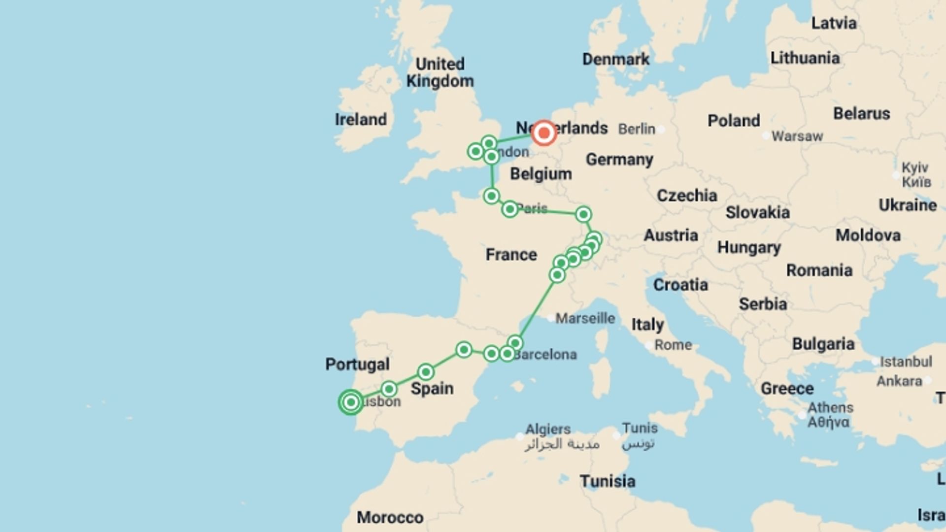 A map showing the tour itinerary for the trip: Highlights from the Old Continent, starting in Lisbon, Portugal and ending in Amsterdam, Holland going through 10 other destinations.