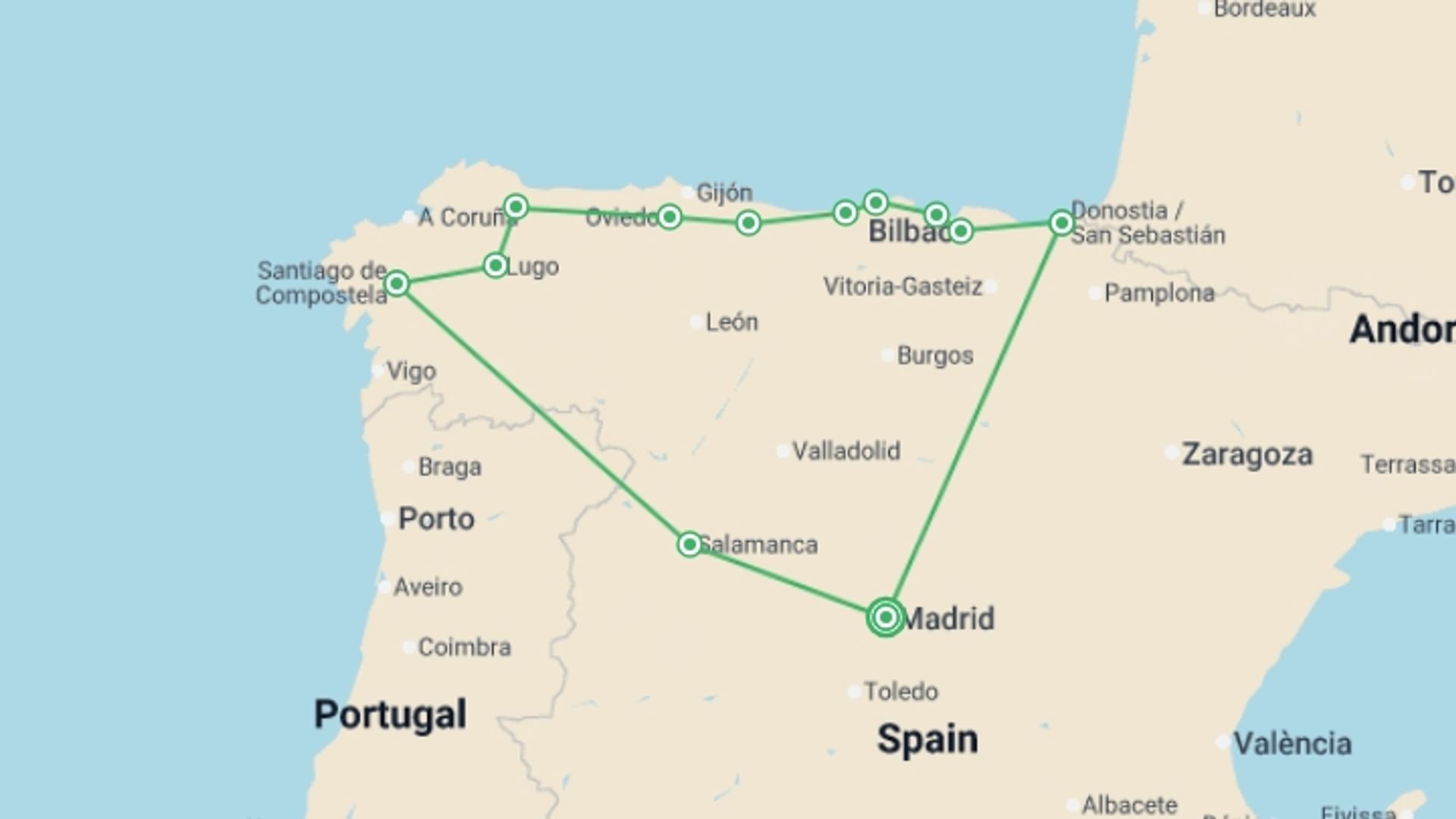 A map showing the tour itinerary for the trip: Madrid & Northern Spain Loop - 10 days, starting in Madrid, Spain and ending in Madrid, Spain going through 5 other destinations.