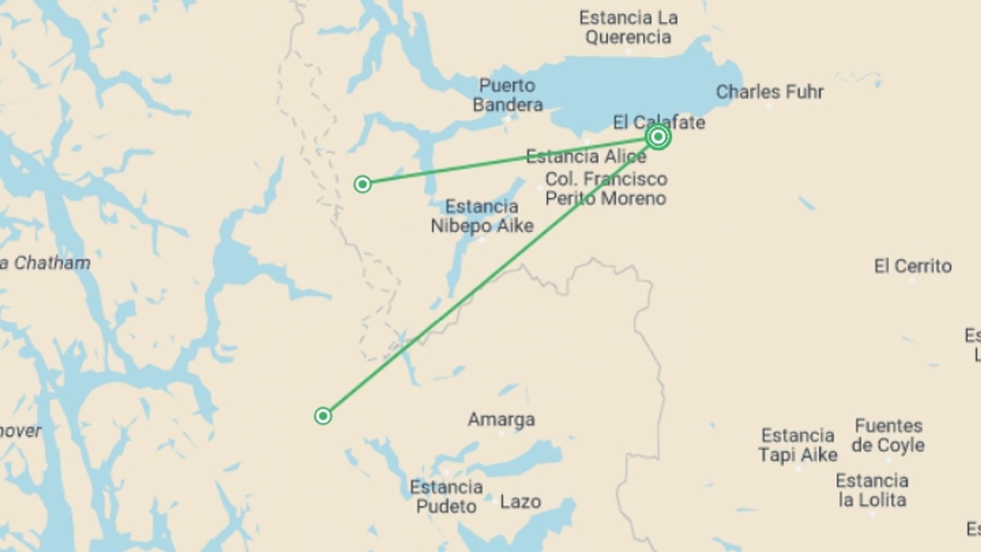 A map showing the tour itinerary for the trip: Patagonia: the Ultimate Adventure, starting in El Calafate, Argentina and ending in El Calafate, Argentina going through 2 other destinations.
