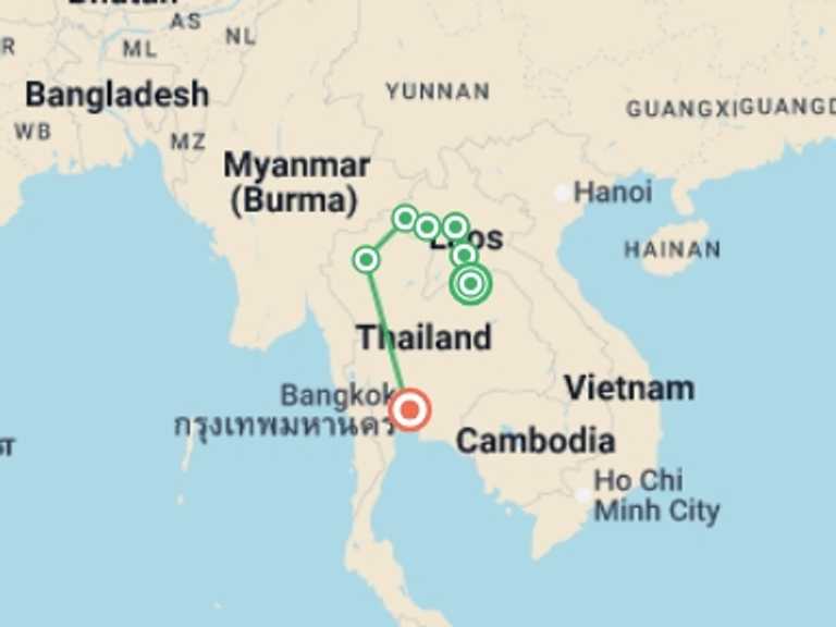 Map itinerary of Asia Tour in April 2027 with 7 destination visits for the trip: Laos to Thailand: Night Markets & Mekong Cruising