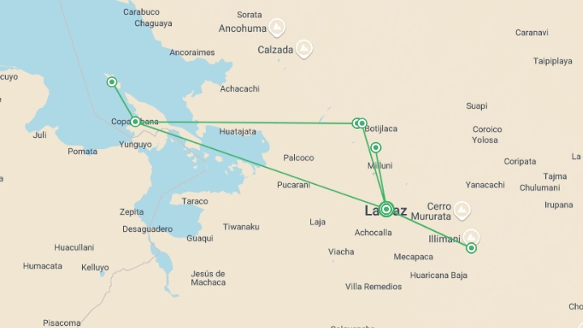 A map showing the tour itinerary for the trip: Summits of Bolivia, starting in La Paz, Bolivia and ending in La Paz, Bolivia going through 6 other destinations.