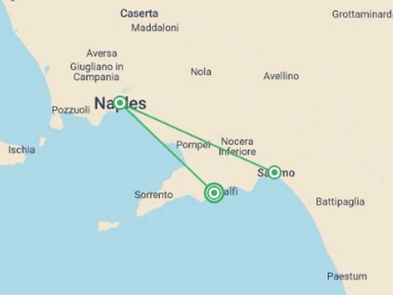 Map itinerary of Europe Tour in May 2026 with 3 destination visits for the trip: Campania Delights: Pompeii and the Amalfi Coast