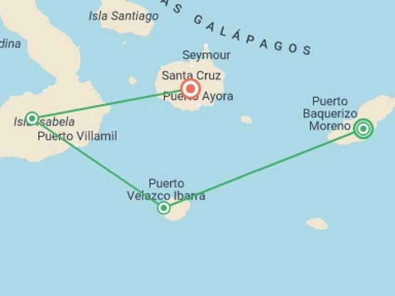 Map itinerary of Ecuador Tour in September 2027 with 5 destination visits for the trip: Galapagos Island Hopping