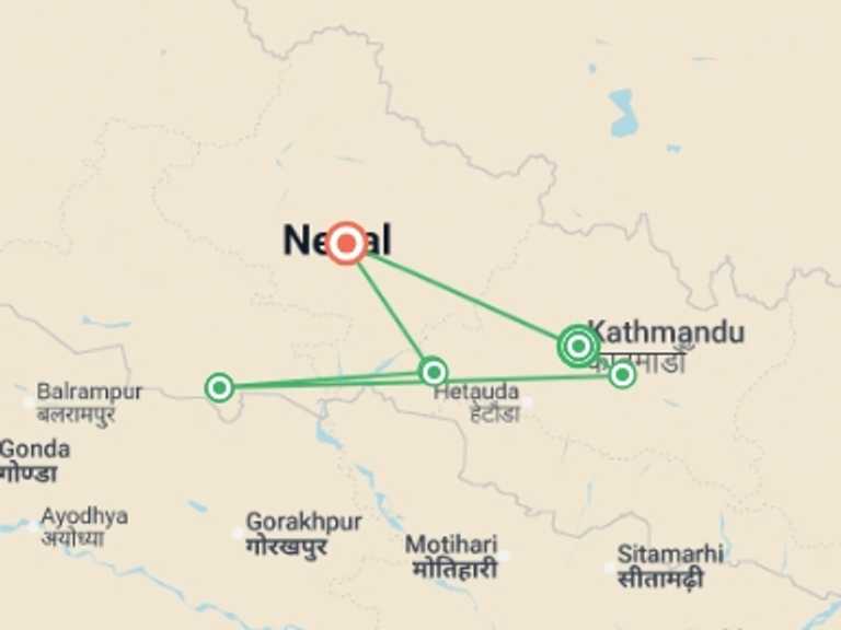 Map itinerary of Nepal Tour in Fall with 6 destination visits for the trip: Nepal Discovery Small Group Tour