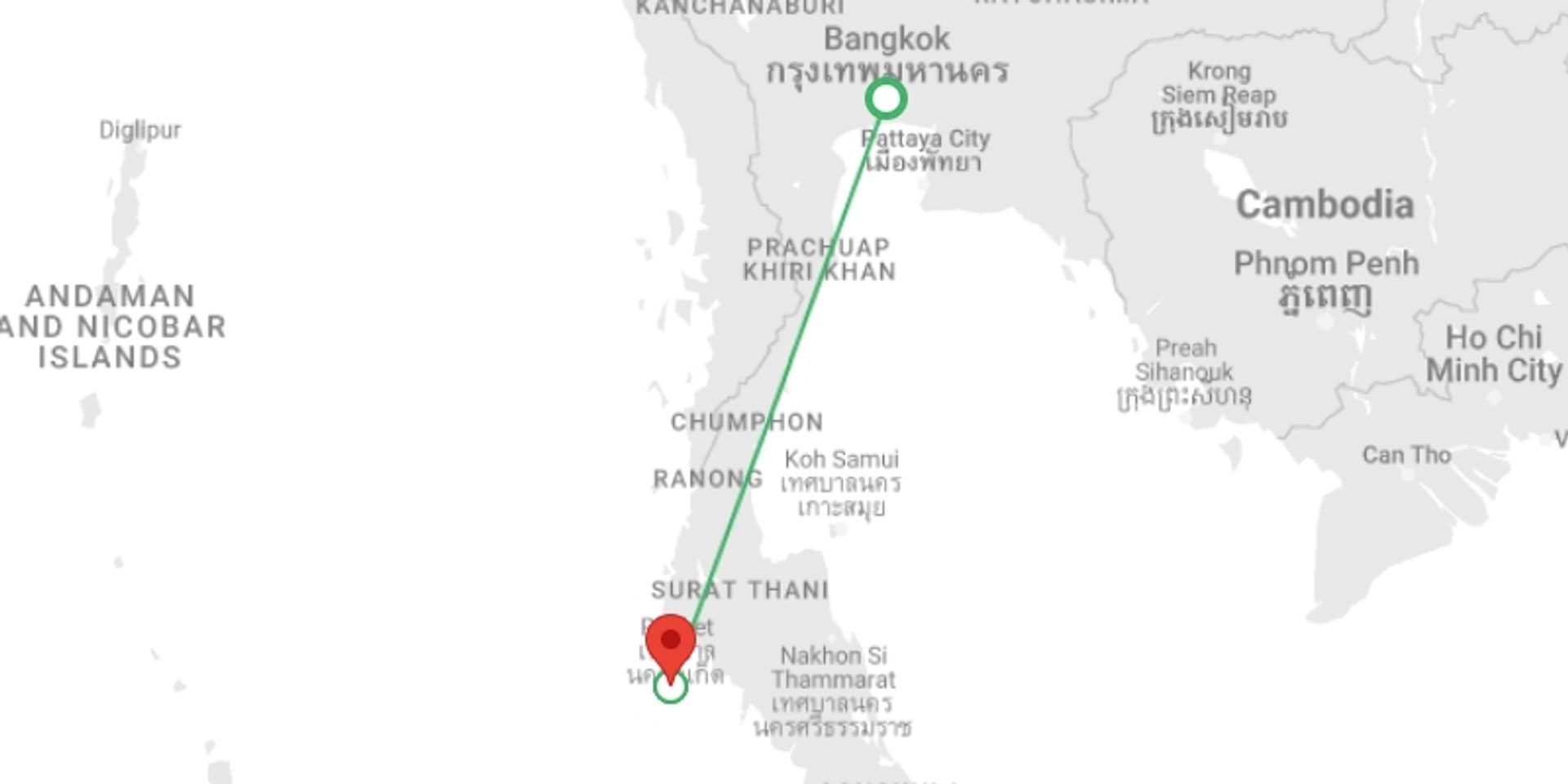 A map showing the tour itinerary for the trip: THAILAND TOUR: WELLNESS RETREAT IN BANGKOK & PHUKET , starting in Bangkok, Thailand and ending in Phuket, Thailand going through 2 other destinations.