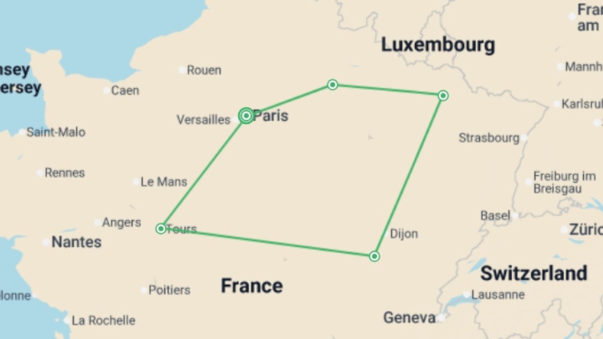 A map showing the tour itinerary for the trip: French Christmas Markets 35 to 45, starting in Paris, France and ending in Paris, France going through 4 other destinations.