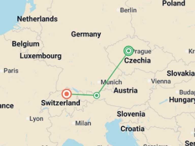 Map of Europe Tour with 3 destination visits for the trip: From Prague to Zurich GO