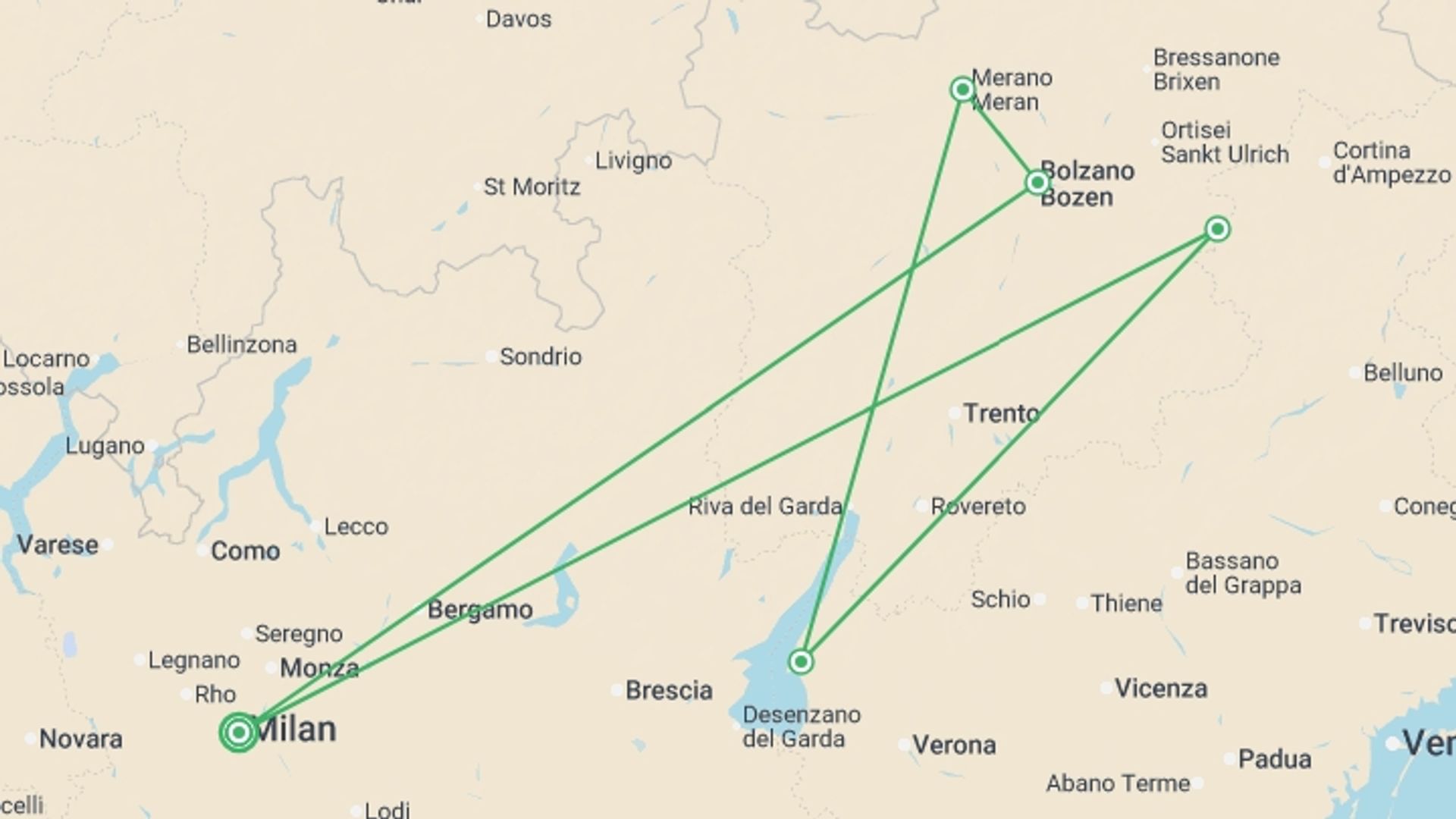 A map showing the tour itinerary for the trip: Alpine Elegance: Small Group Tour to the Dolomites, starting in Milan, Italy and ending in Milan, Italy going through 4 other destinations.