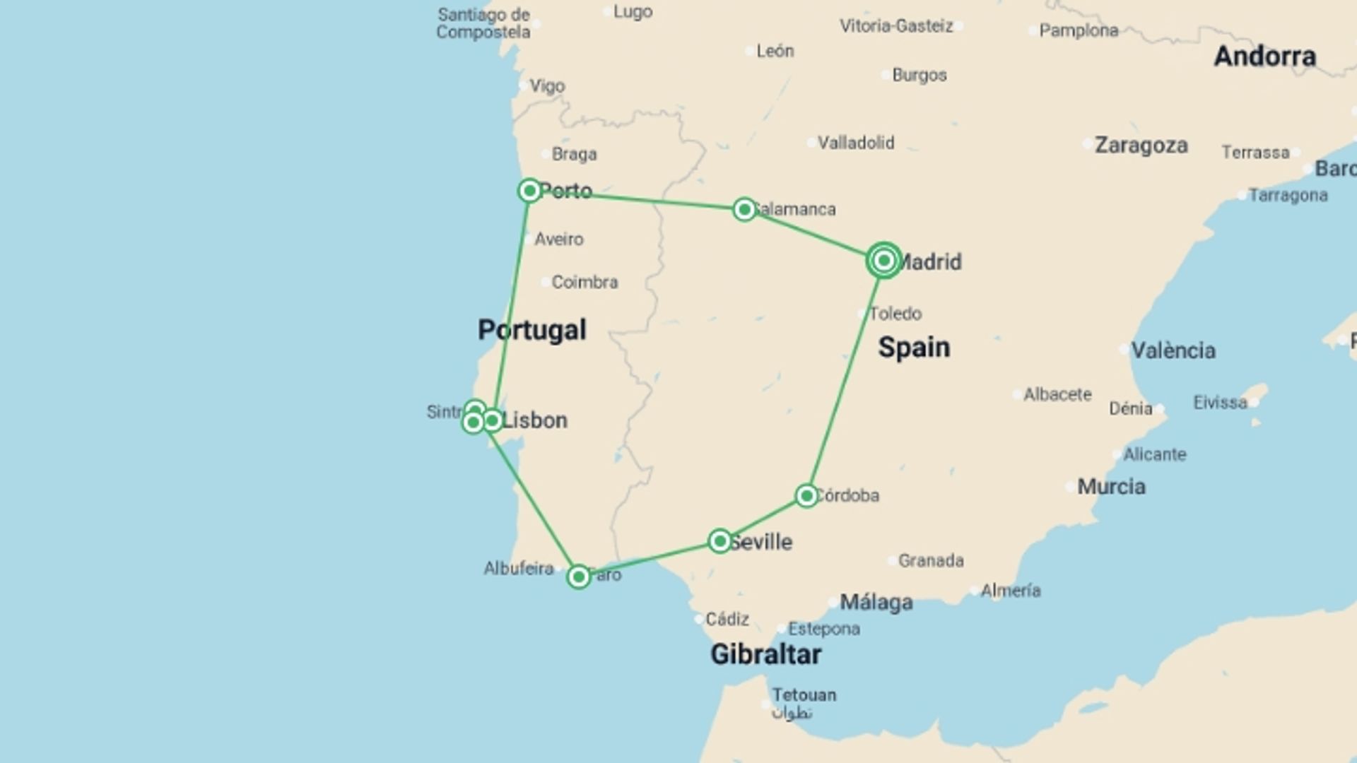 A map showing the tour itinerary for the trip: Spain and Portugal Highlights, starting in Madrid, Spain and ending in Madrid, Spain going through 6 other destinations.