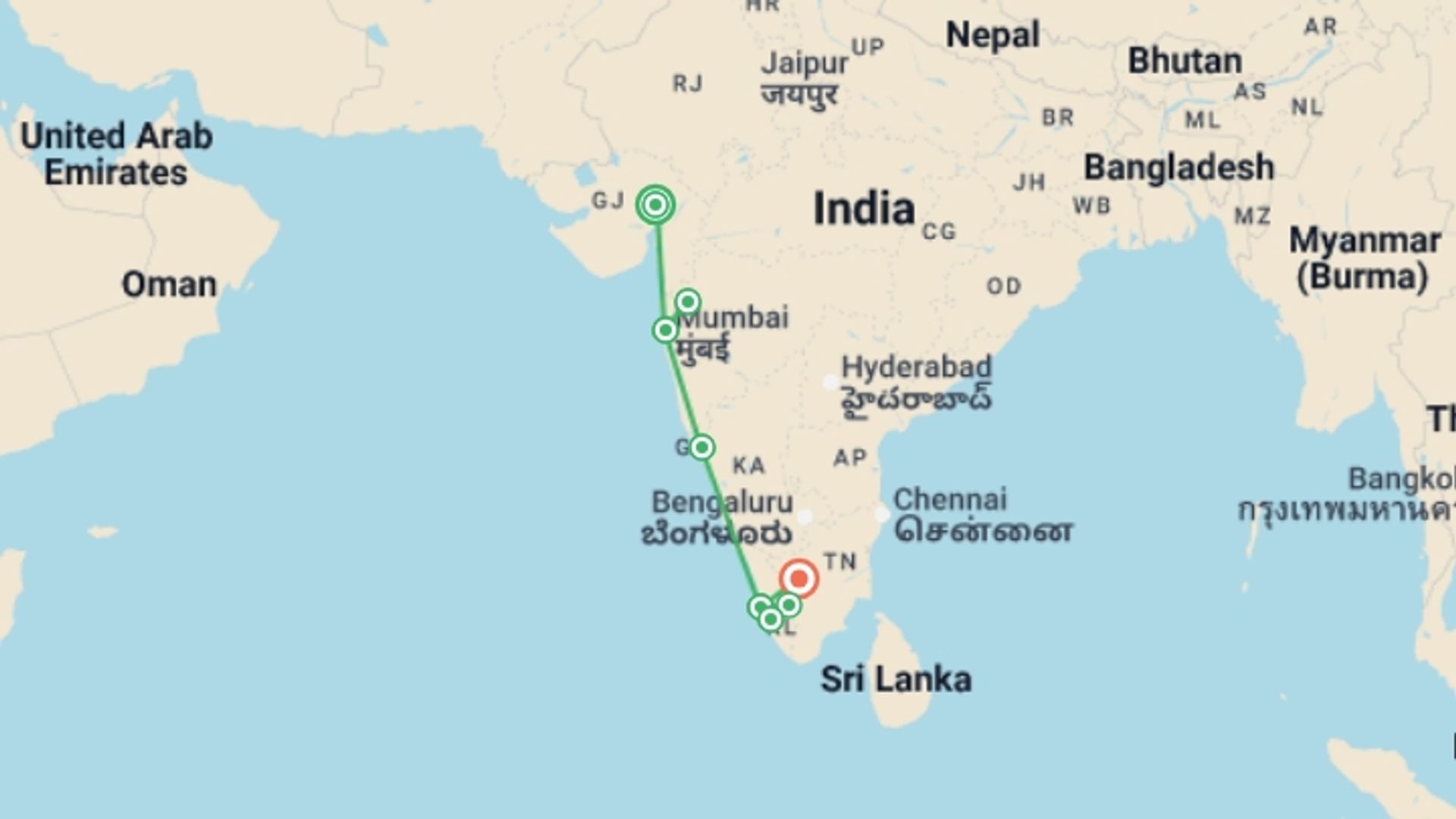 A map showing the tour itinerary for the trip: Malabar Coast Delights with Chef Vinod, starting in Ahmedabad, India and ending in Kerala & Tamil Nadu, India going through 6 other destinations.
