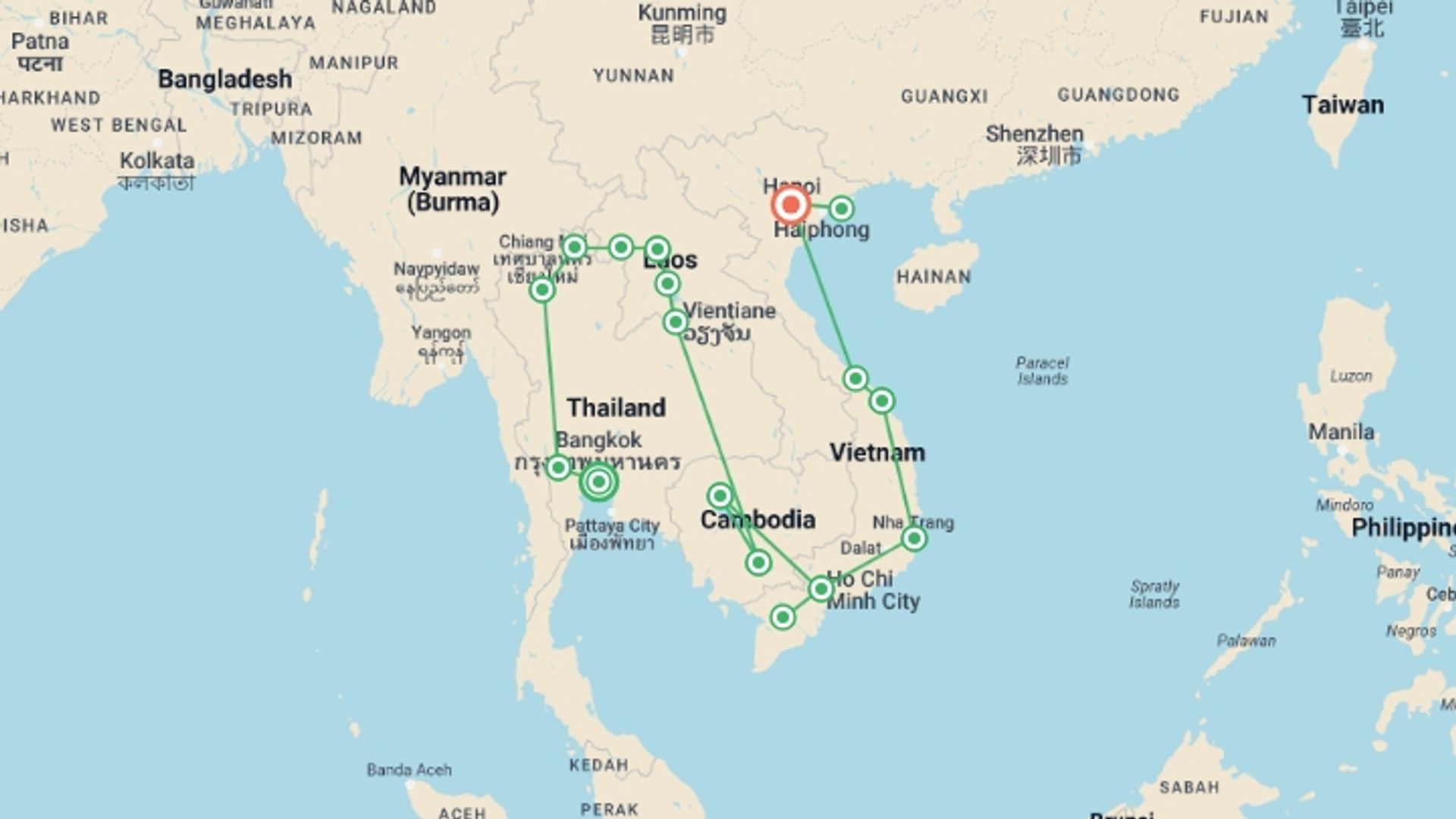 A map showing the tour itinerary for the trip: Ultimate South East Asia, starting in Bangkok, Thailand and ending in Hanoi, Vietnam going through 15 other destinations.