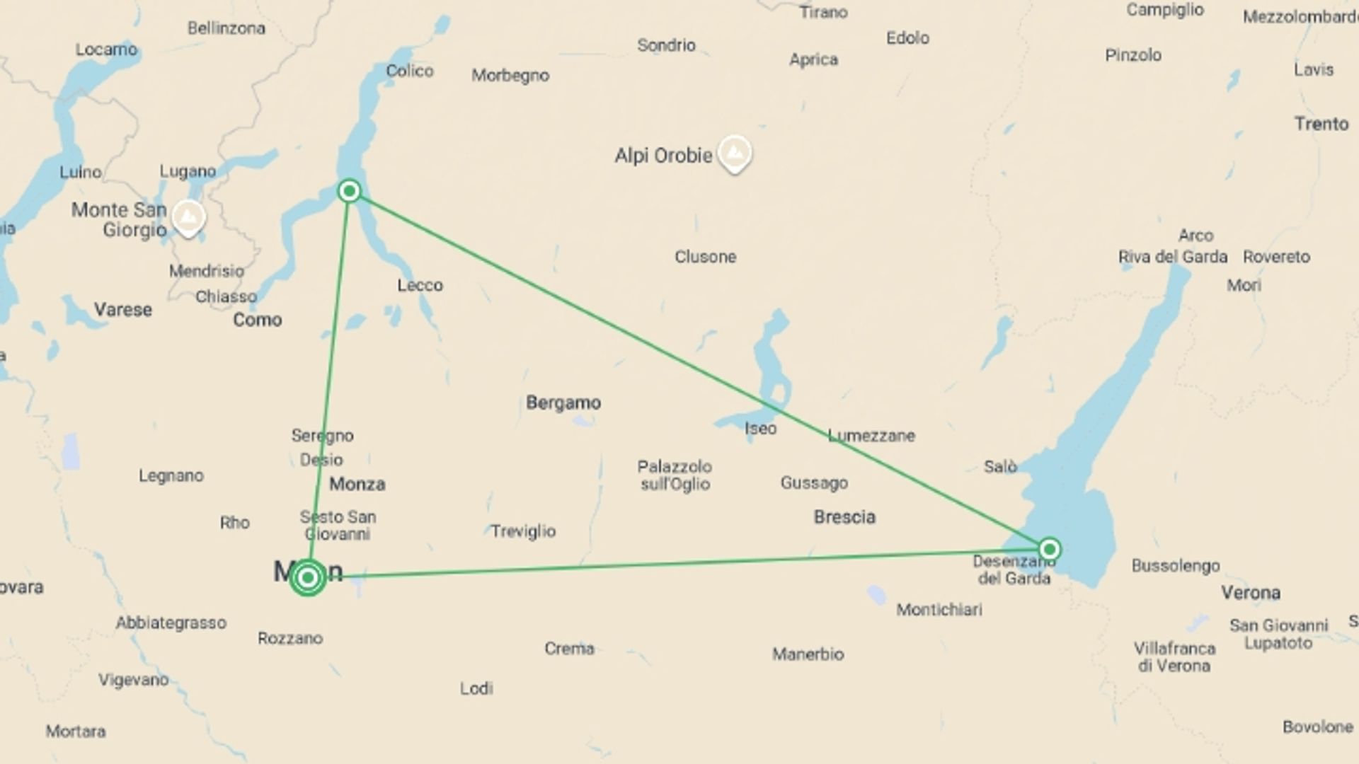 A map showing the tour itinerary for the trip: Bernina Train, Northern Italy & Cinque Terre, starting in Milan, Italy and ending in Milan, Italy going through 5 other destinations.