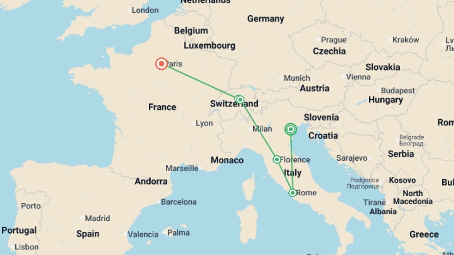 A map showing the tour itinerary for the trip: European Dream, starting in Venice, Italy and ending in Paris, France going through 5 other destinations.
