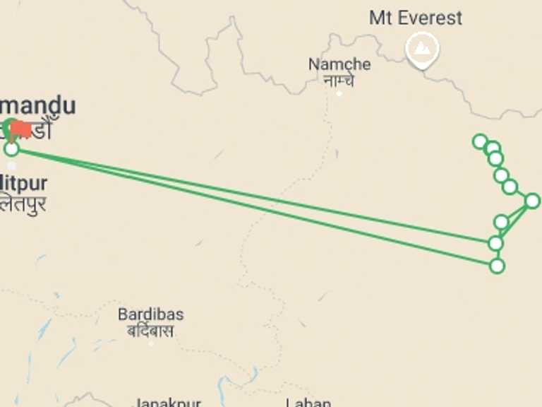 Map of 17-Day Kathmandu Tour with 12 destination visits for the trip: Makalu Base Camp trekking