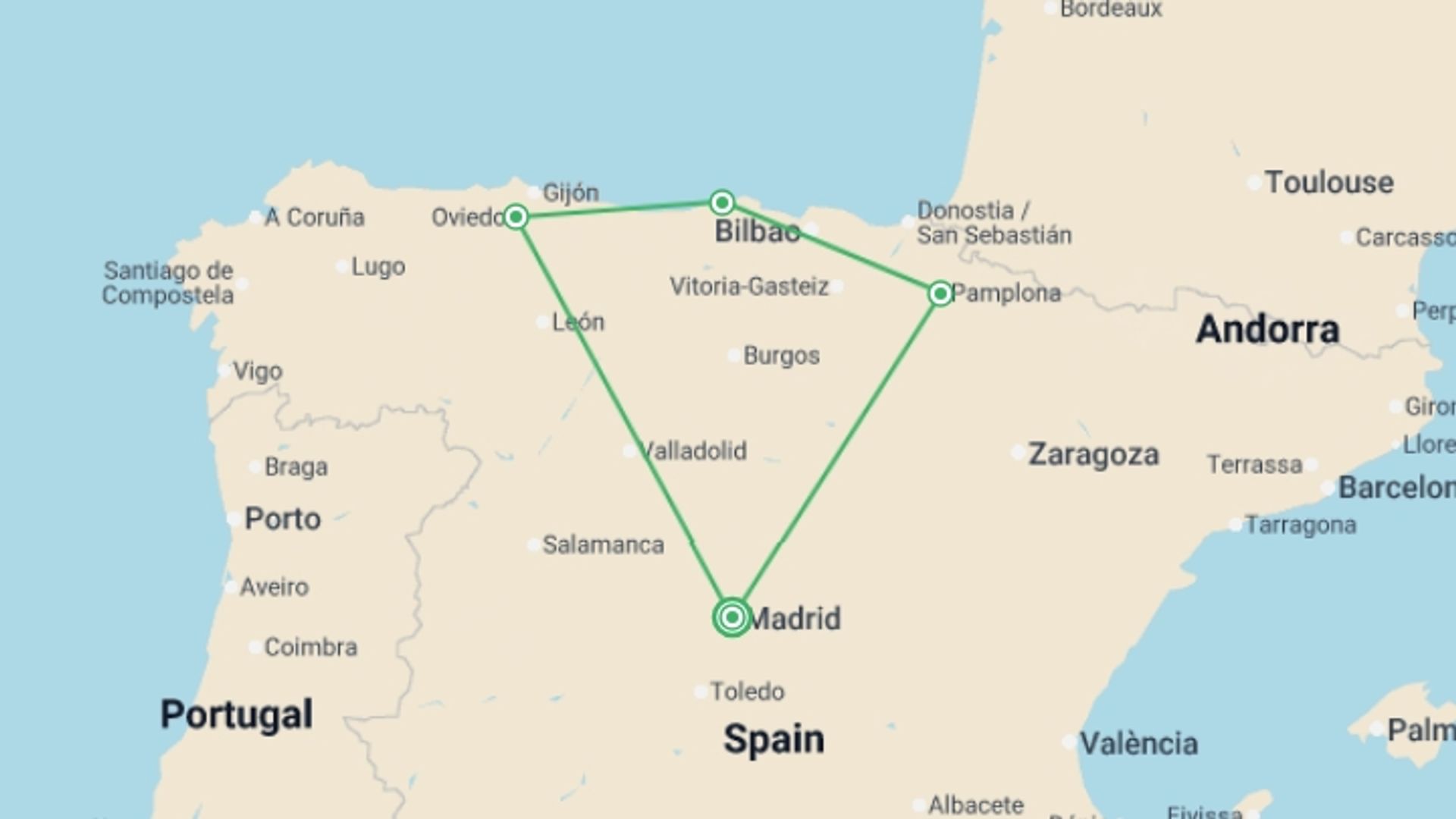 A map showing the tour itinerary for the trip: Spain's Northern Coast - 4 days, starting in Madrid, Spain and ending in Madrid, Spain going through 3 other destinations.