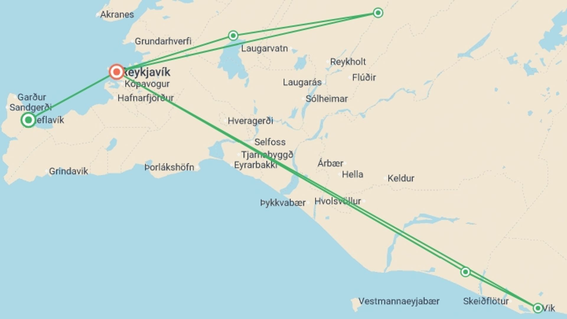 A map showing the tour itinerary for the trip: Iceland Winter Getaway - 5 days, starting in Keflavik, Iceland and ending in Reykjavik, Iceland going through 1 other destinations.