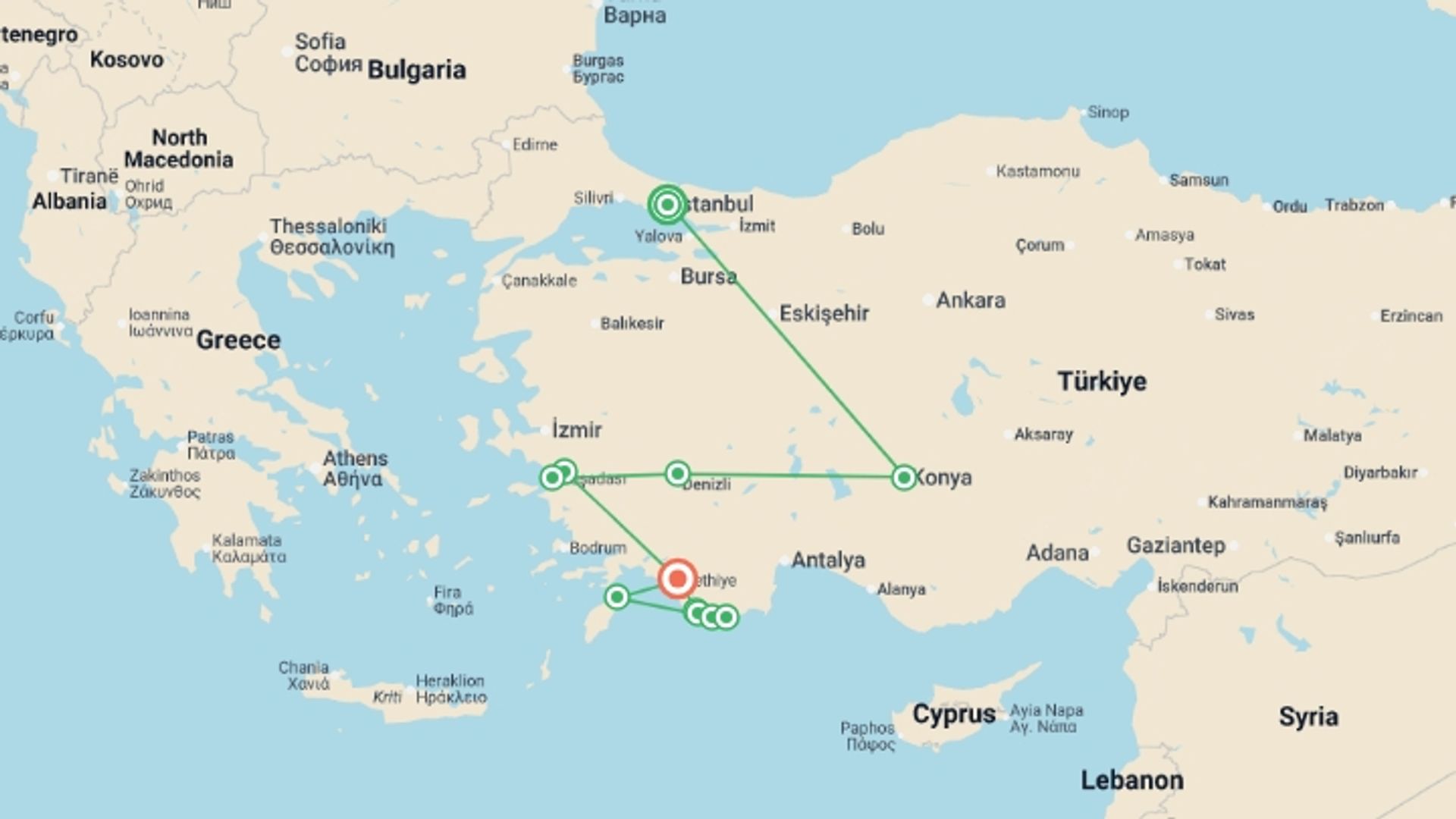 A map showing the tour itinerary for the trip: Ancient Turkey and Gulet, starting in Istanbul, Turkey and ending in Fethiye, Turkey going through 9 other destinations.