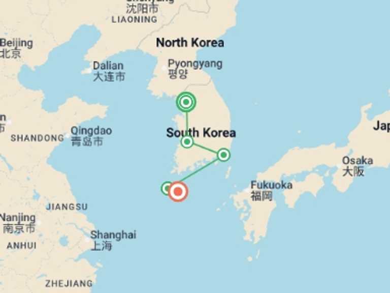 Map itinerary of Asia Tour in April 2027 with 5 destination visits for the trip: Uncover Korea: K Pop & Hanok Villages
