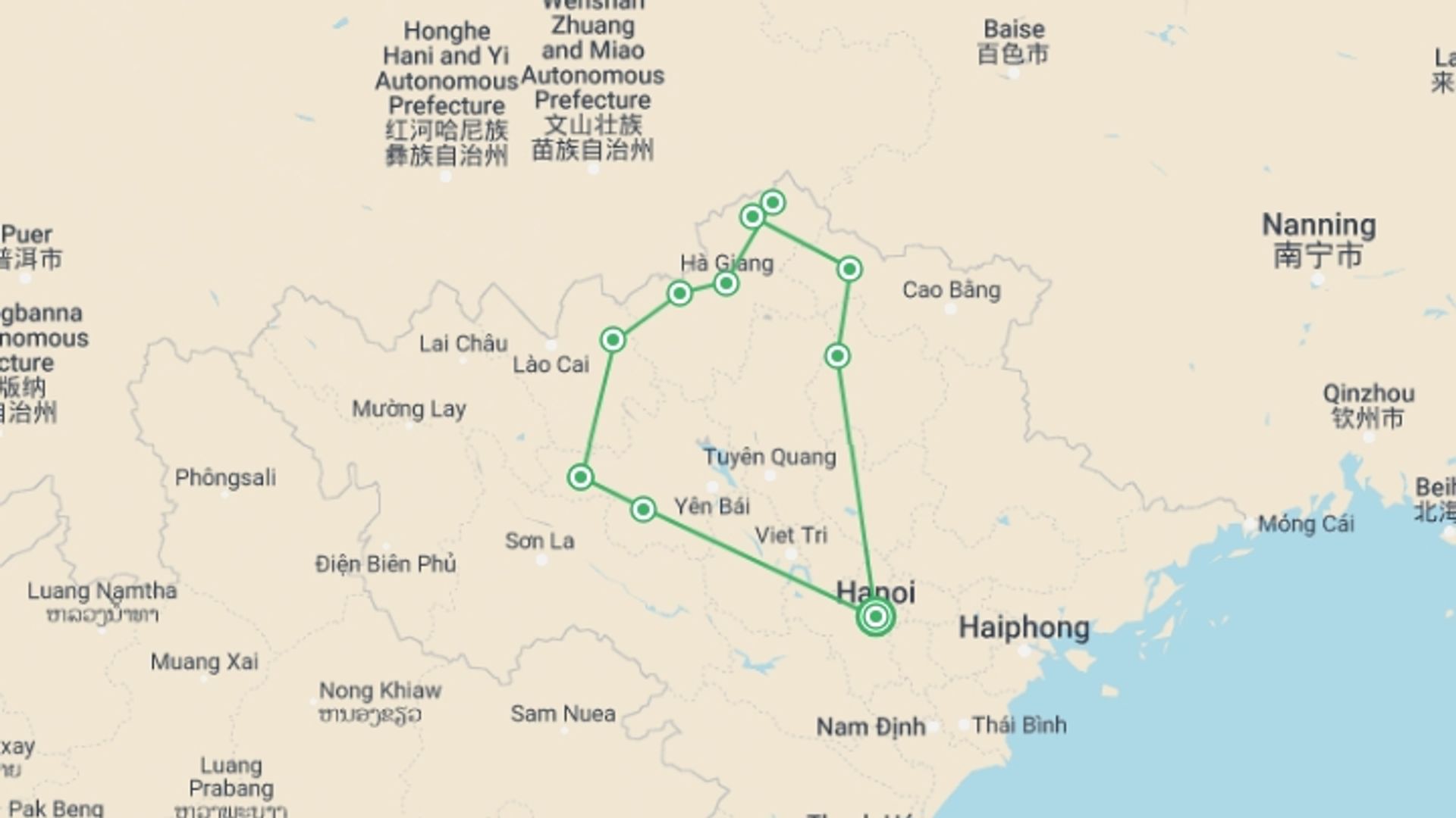 A map showing the tour itinerary for the trip: Secret Paths In North Vietnam 10 Days 9 Nights, starting in Hanoi, Vietnam and ending in Hanoi, Vietnam going through 8 other destinations.