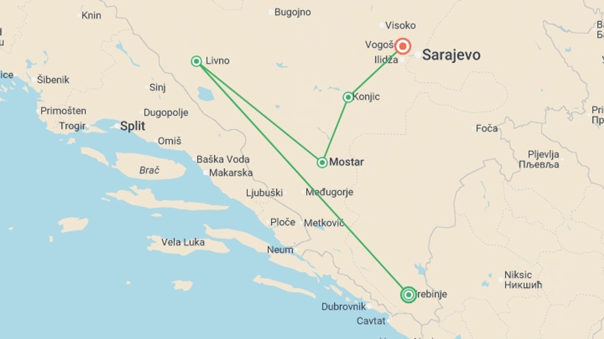 A map showing the tour itinerary for the trip: Bosnia and Herzegovina: Wild Horses & City Sights, starting in Trebinje, Bosnia Herzegovina and ending in Sarajevo, Bosnia Herzegovina going through 3 other destinations.