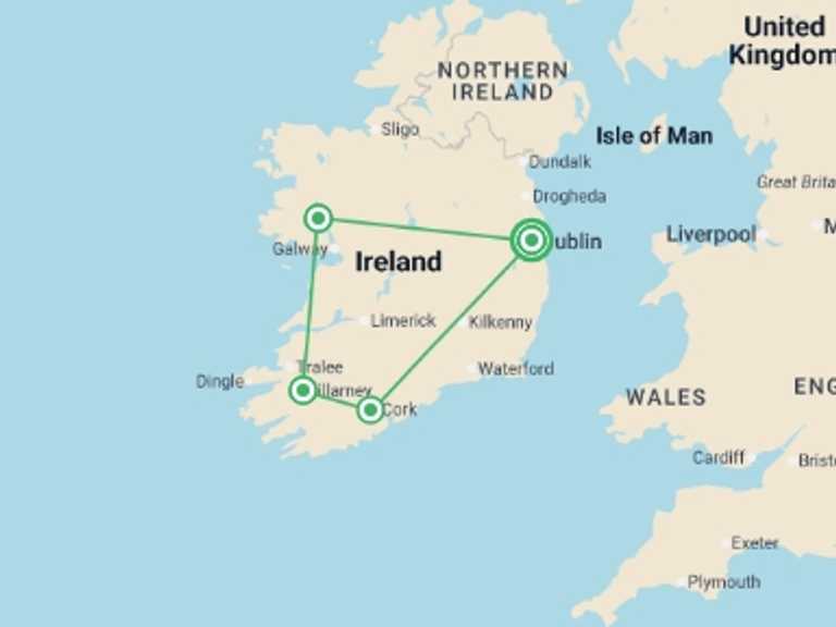 Map itinerary of Europe Tour in April 2027 with 4 destination visits for the trip: Timeless Ireland & Ashford Castle