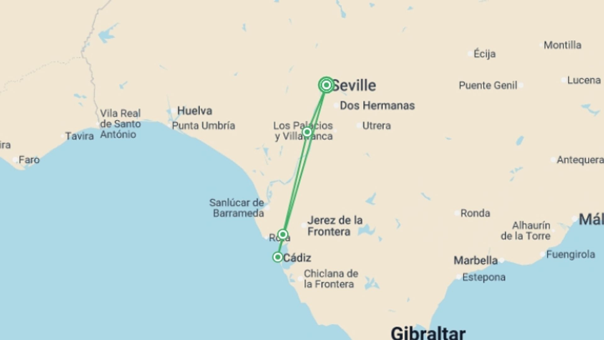 A map showing the tour itinerary for the trip: Enchanting Andalusia - Seville Fair Festivities: Tradition, gastronomy and flamenco (port-to-port cruise), starting in Seville, Spain and ending in Seville, Spain going through 3 other destinations.