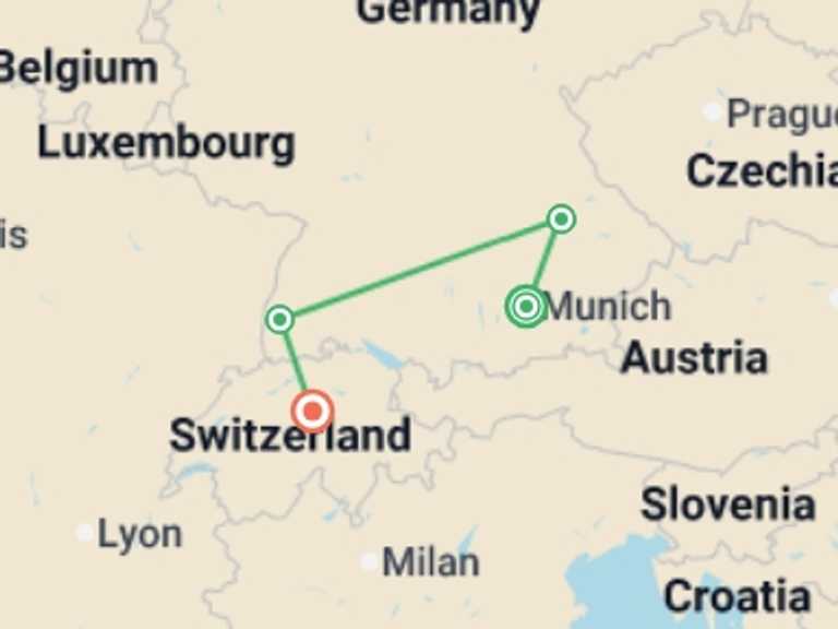 Map of Europe Explorer Tour with 4 destination visits for the trip: Enchanting Christmas Markets of Germany, Switzerland and France